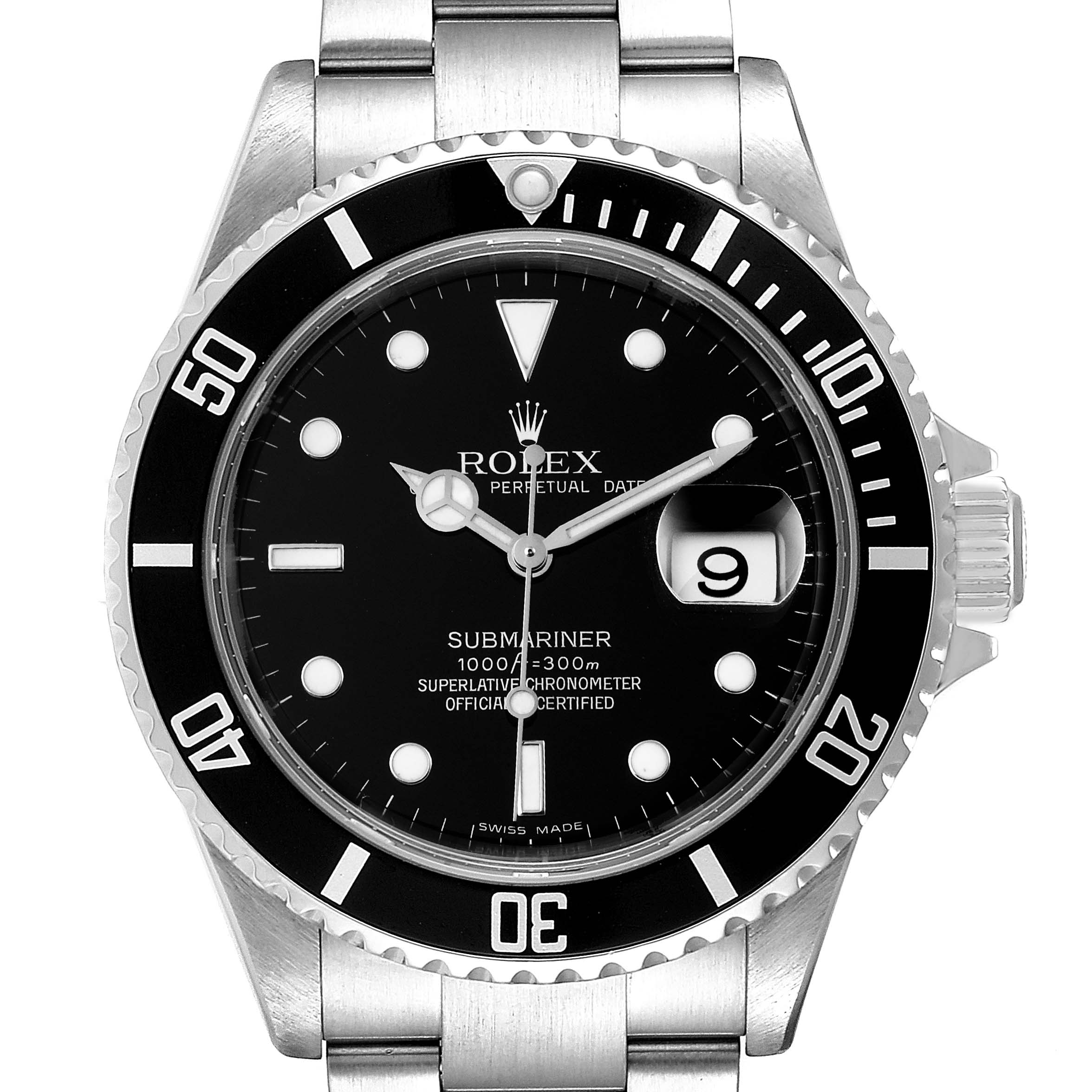 The Rolex Submariner 16610 Men
s Stainless Steel Black Dial 16610 Men
s Stainless Steel Black Dial watch is shown from a front angle, displaying its dial, bezel, and part of the bracelet.