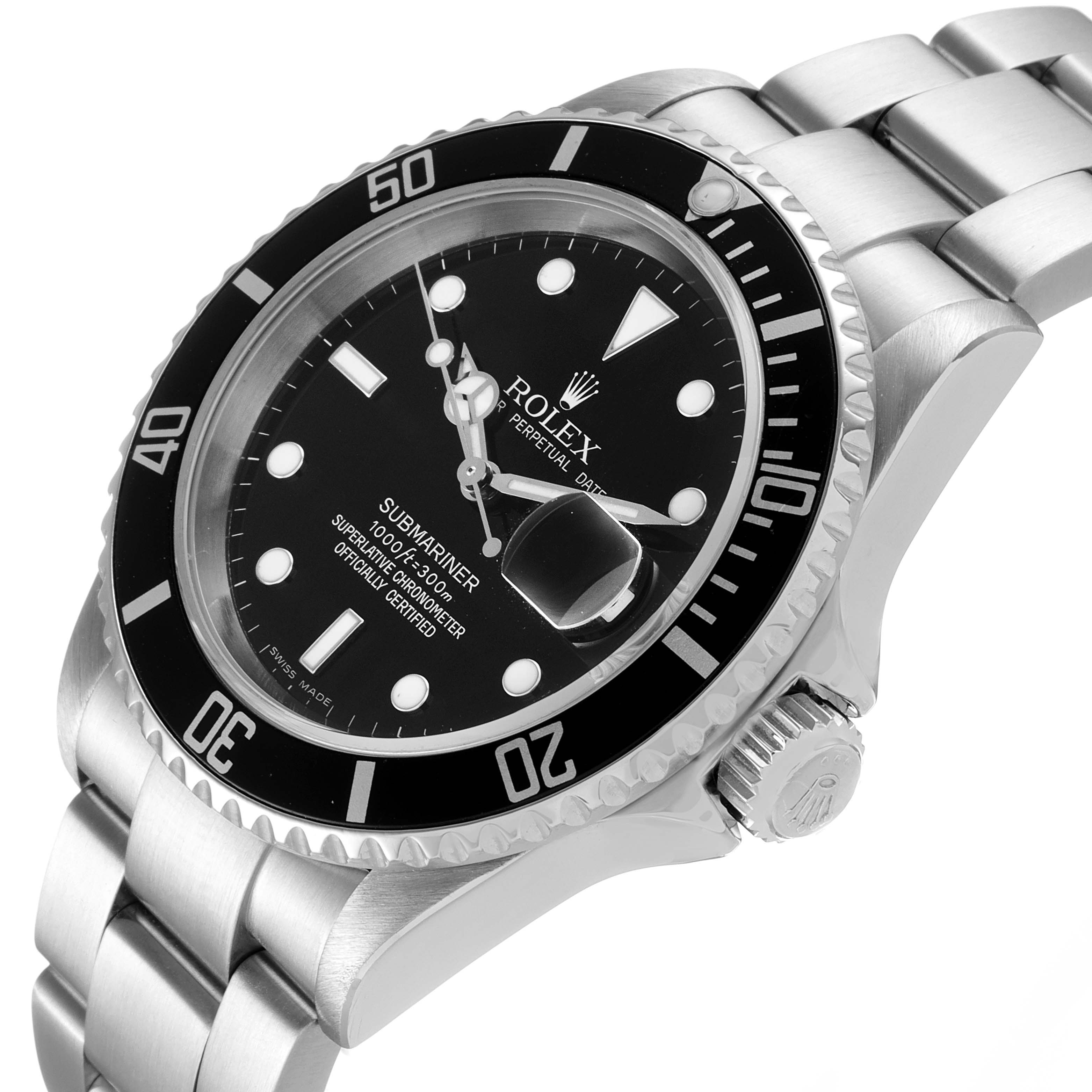 The Rolex Submariner 16610 Men
s Stainless Steel Black Dial 16610 Men
s Stainless Steel Black Dial model watch is shown at a three-quarter angle, highlighting the face, bezel, crown, and bracelet.