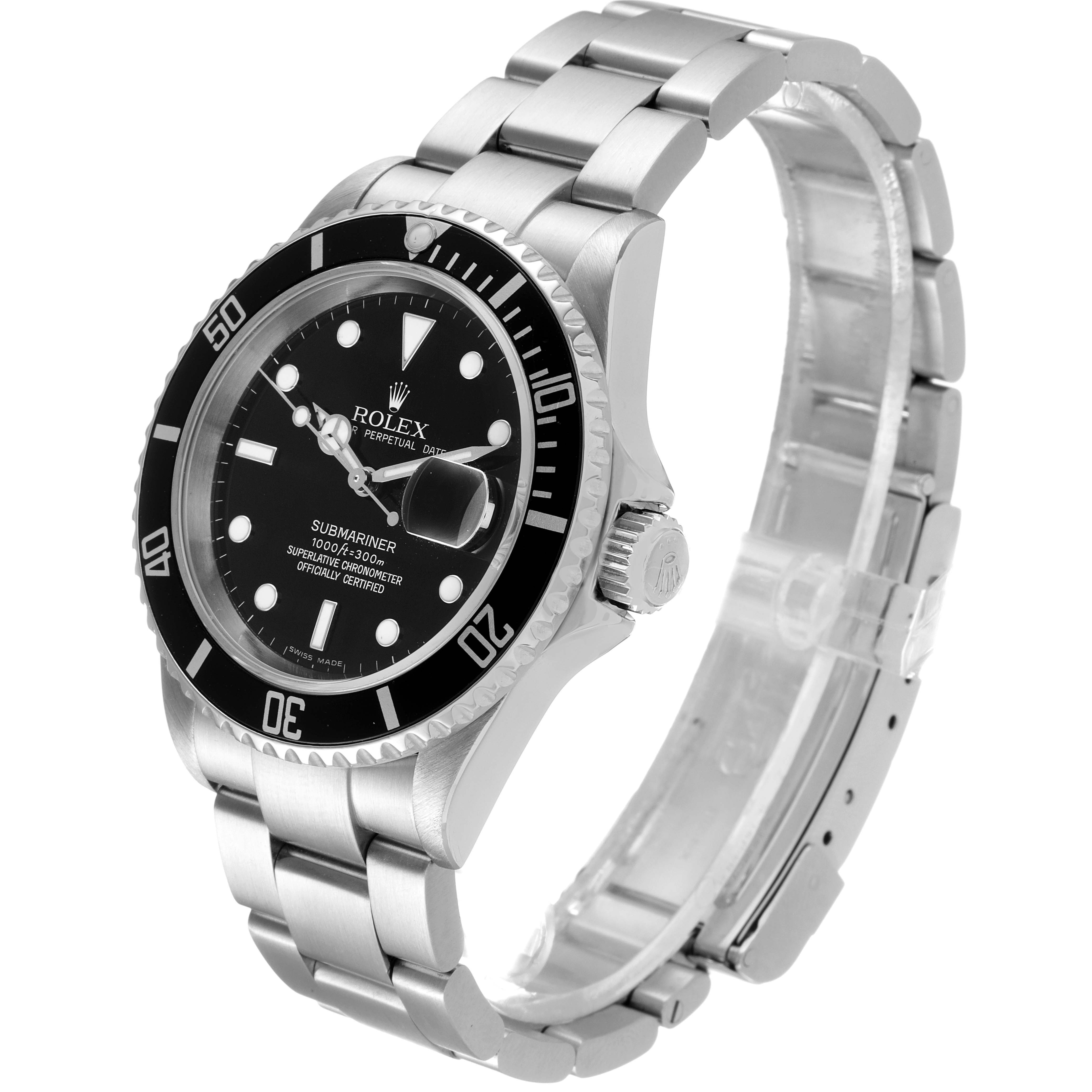 This image shows a Rolex Submariner 16610 Men
s Stainless Steel Black Dial 16610 Men
s Stainless Steel Black Dial watch at a three-quarter angle highlighting its dial, bezel, and bracelet.