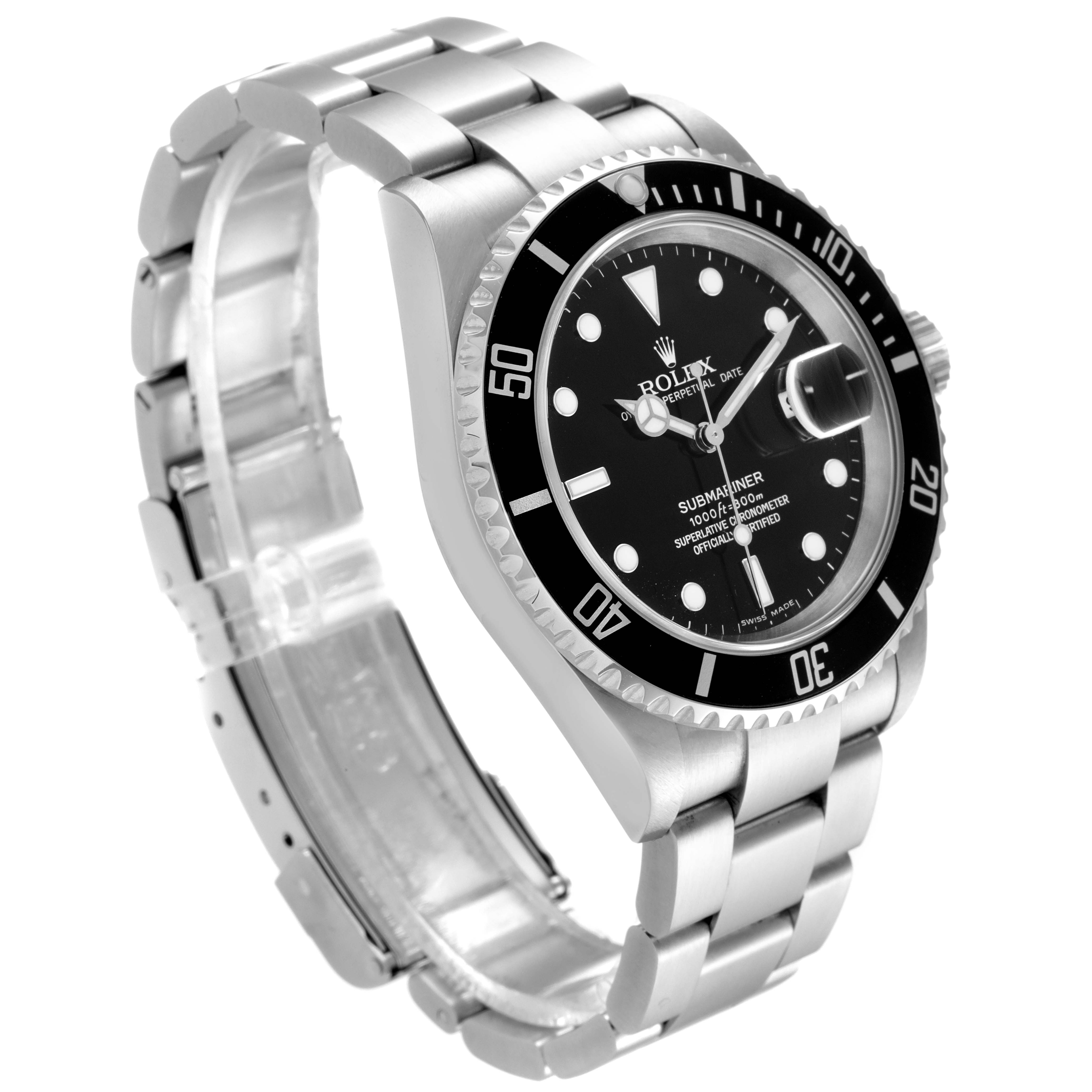 The image shows a Rolex Submariner 16610 Men
s Stainless Steel Black Dial 16610 Men
s Stainless Steel Black Dial watch at a three-quarter angle, highlighting the bezel, dial, bracelet, and part of the clasp.