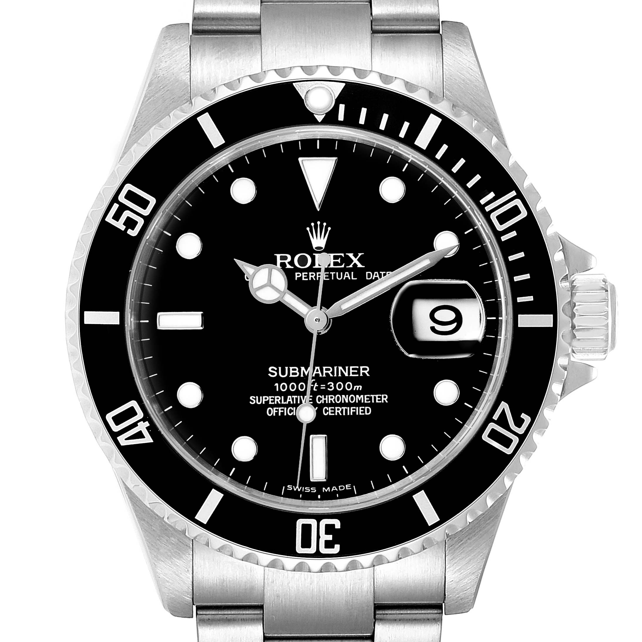 The image shows a frontal view of a Rolex Submariner 16610 Men
s Stainless Steel Black Dial 16610 Men
s Stainless Steel Black Dial watch, highlighting the black dial, date window, and stainless steel bracelet.