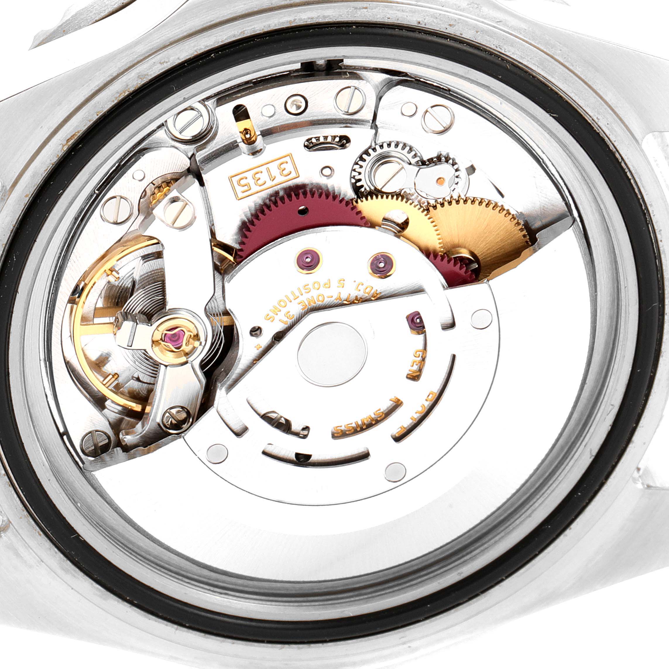 This image shows a close-up view of the movement inside a Rolex Submariner 16610 Men
s Stainless Steel Black Dial 16610 Men
s Stainless Steel Black Dial watch.