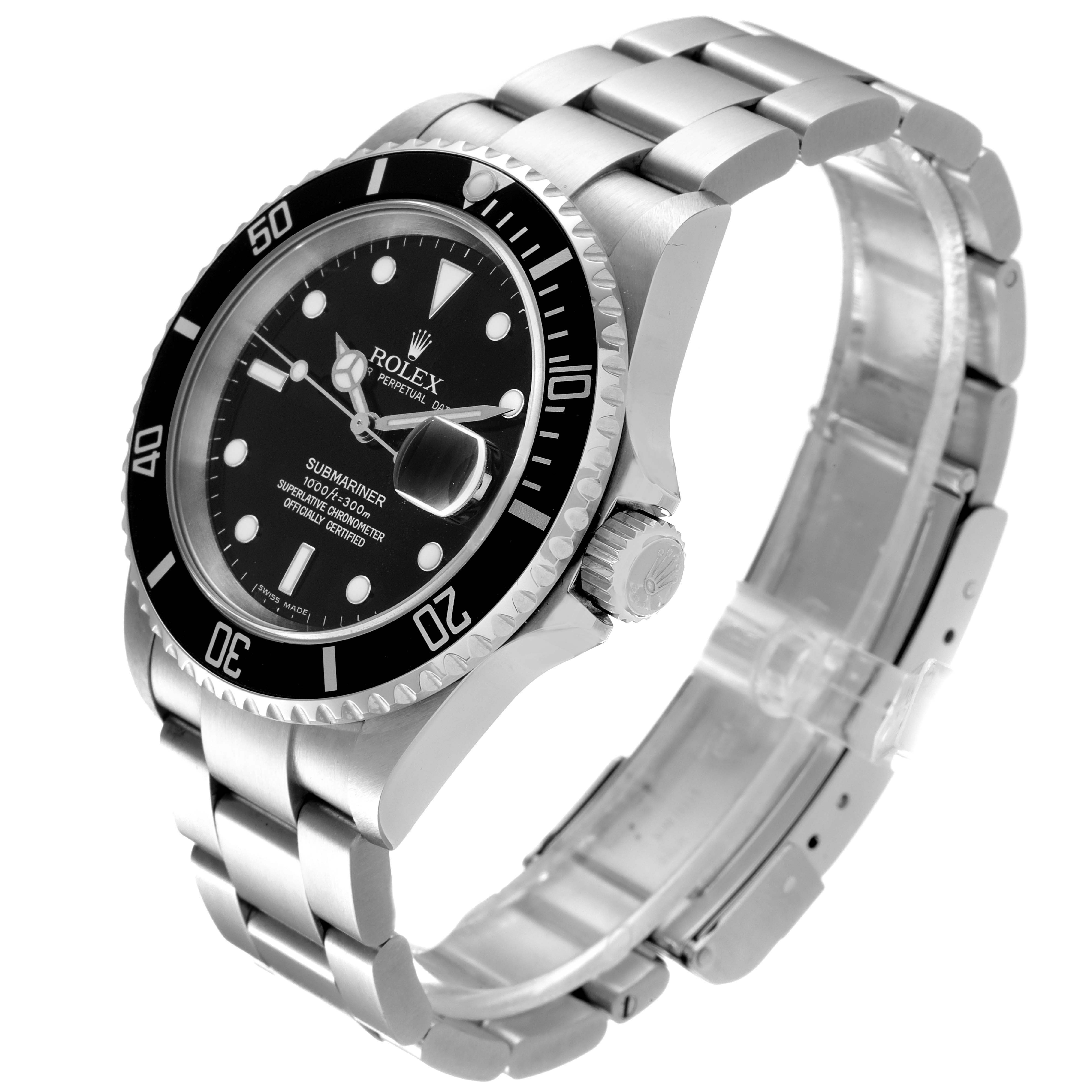 A Rolex Submariner 16610 Men
s Stainless Steel Black Dial 16610 Men
s Stainless Steel Black Dial watch is shown at a three-quarters angle, displaying the bezel, dial, bracelet, and crown.