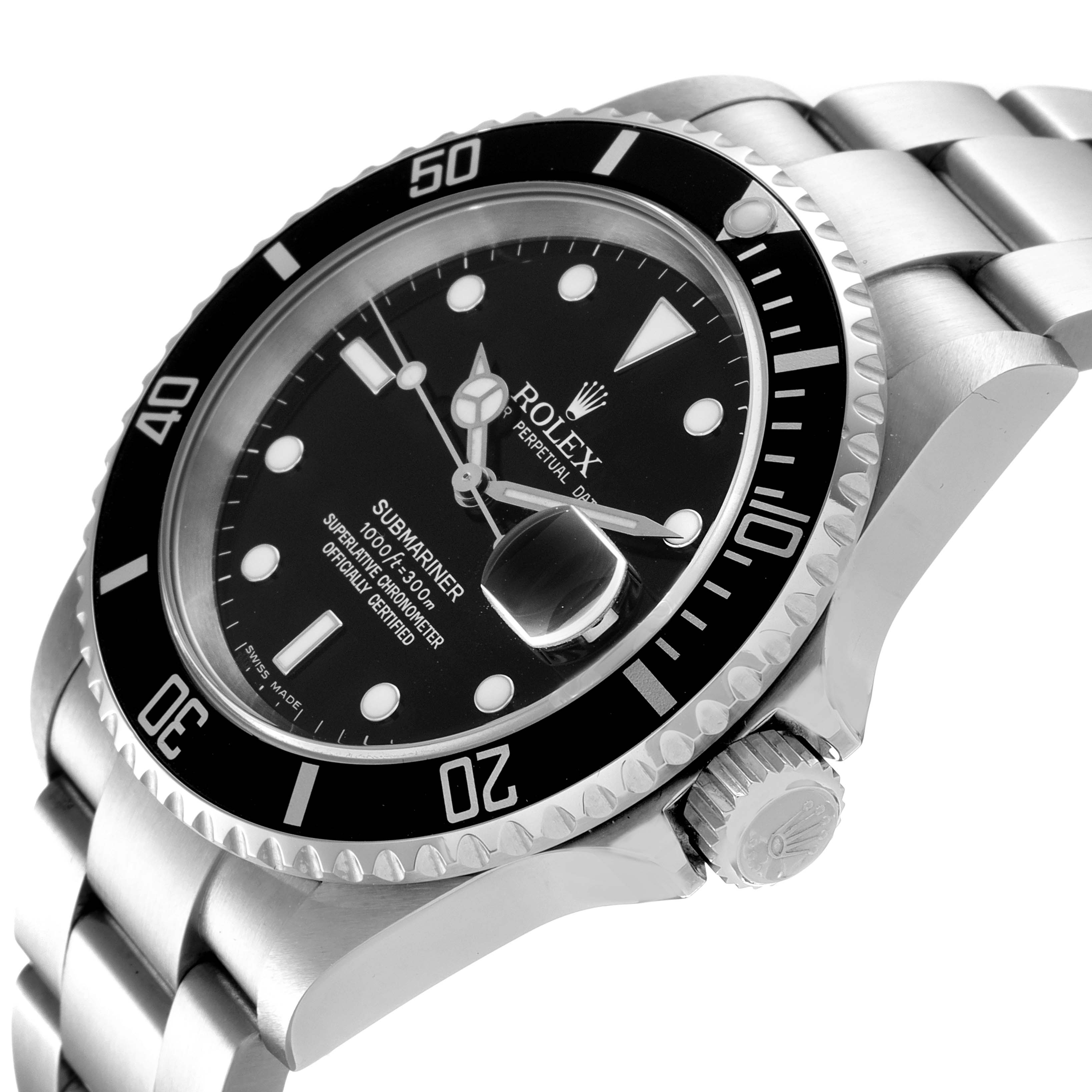 The image shows a close-up angle of a Rolex Submariner 16610 Men
s Stainless Steel Black Dial 16610 Men
s Stainless Steel Black Dial watch, highlighting the dial, bezel, crown, and part of the bracelet.