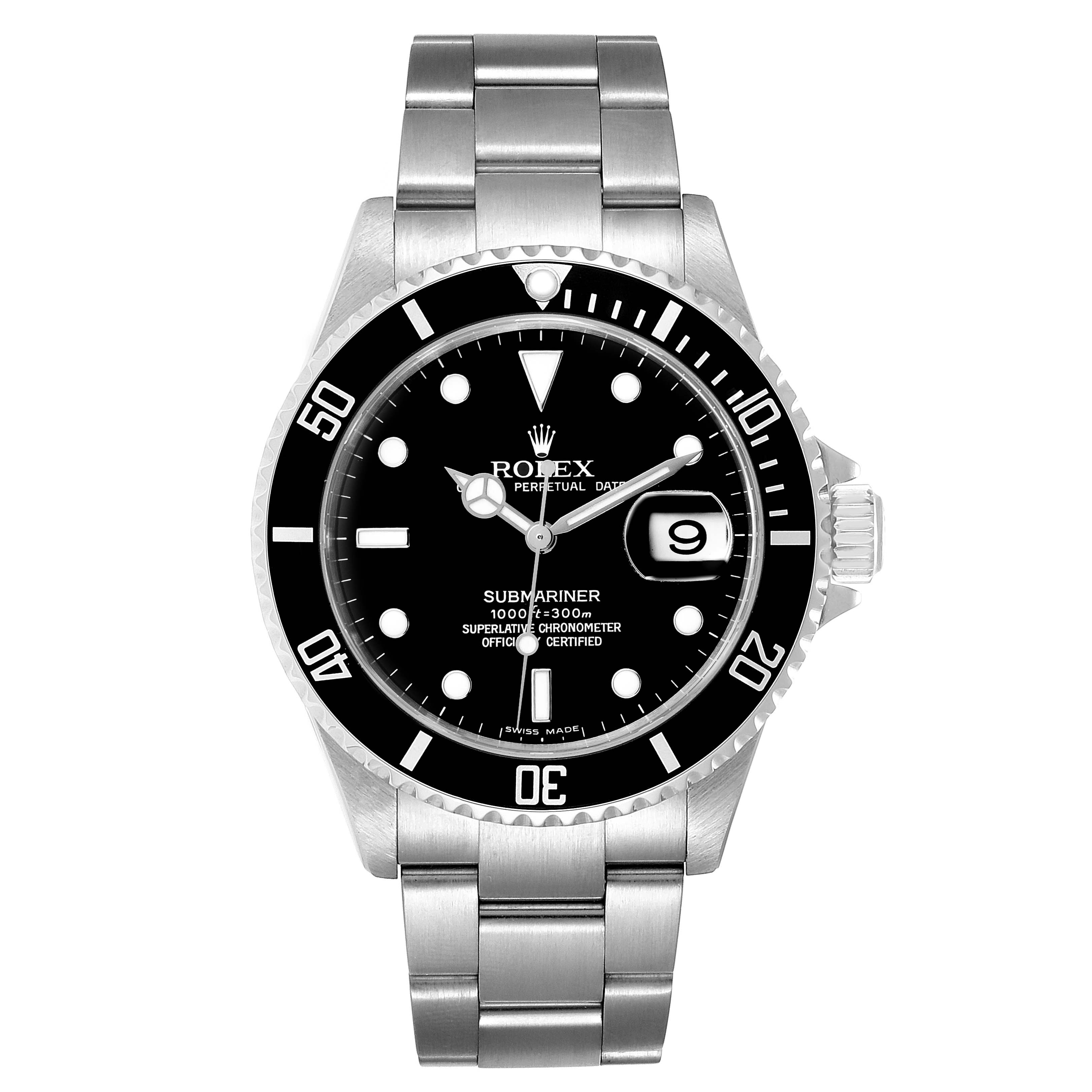 The image shows a front view of a Rolex Submariner 16610 Men
s Stainless Steel Black Dial 16610 Men
s Stainless Steel Black Dial watch, highlighting the black dial, bezel, and metal bracelet.