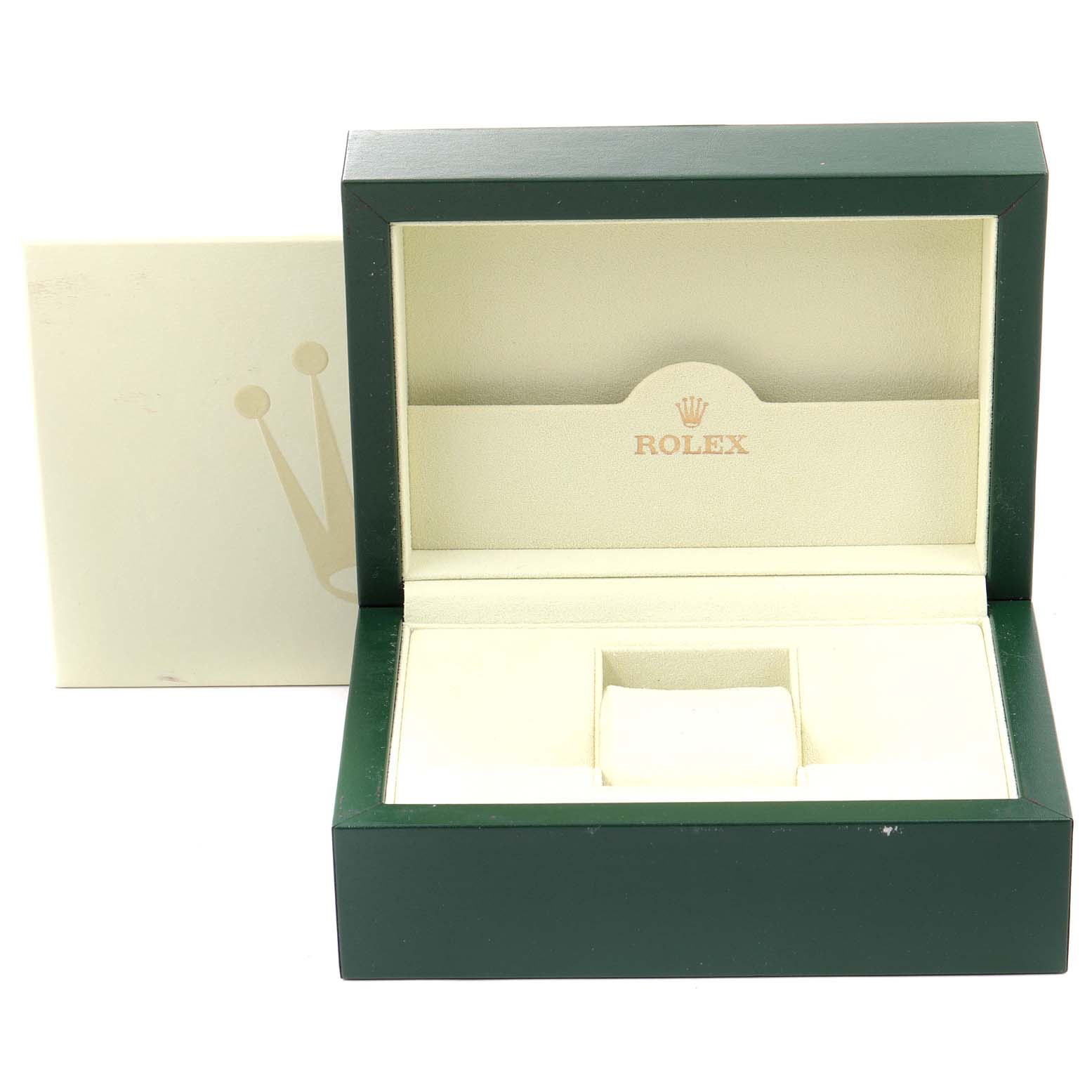 The image shows an empty Rolex Submariner 16610 Men
s Stainless Steel Black Dial 16610 Men
s Stainless Steel Black Dial watch box in green and beige, photographed from the front.