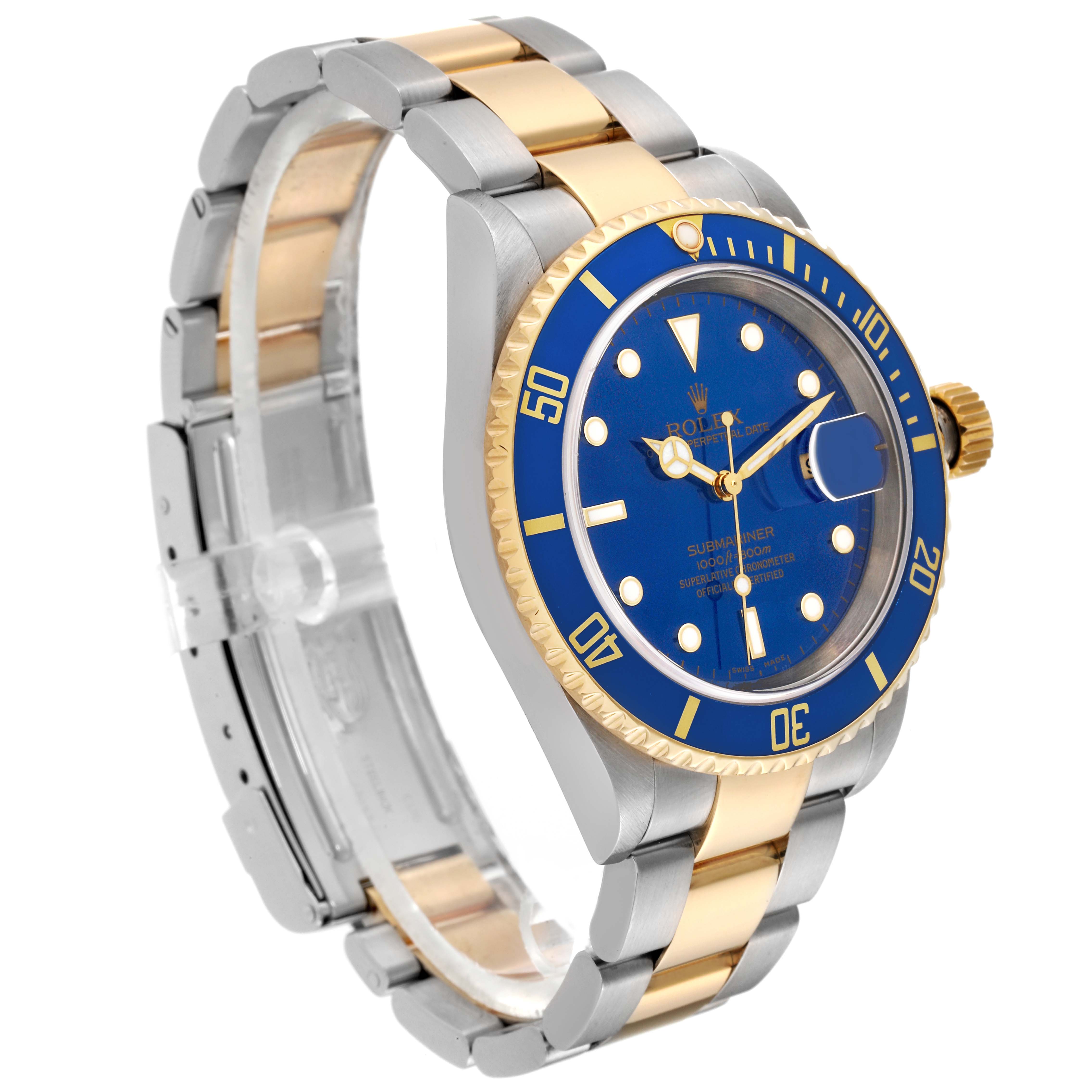 This is an angled view of a Rolex Submariner 16613 Men's Steel and Gold (two tone) Blue Dial 16613 Men's Steel and Gold (two tone) Blue Dial watch showing the face, crown, bezel, and two-tone bracelet.
