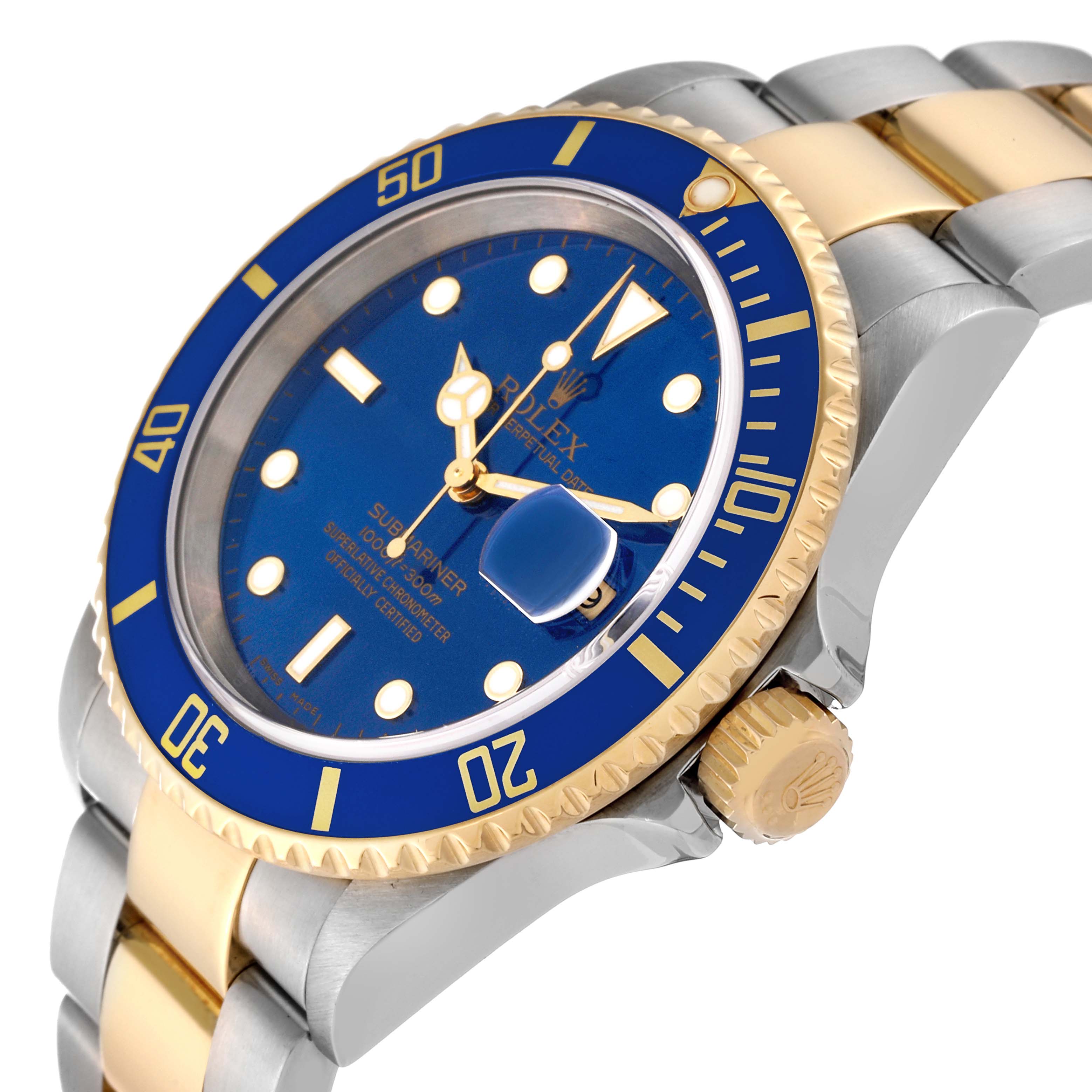 The image shows a close-up angle of a Rolex Submariner 16613 Men's Steel and Gold (two tone) Blue Dial 16613 Men's Steel and Gold (two tone) Blue Dial watch highlighting the blue bezel, crown, and part of the bracelet.