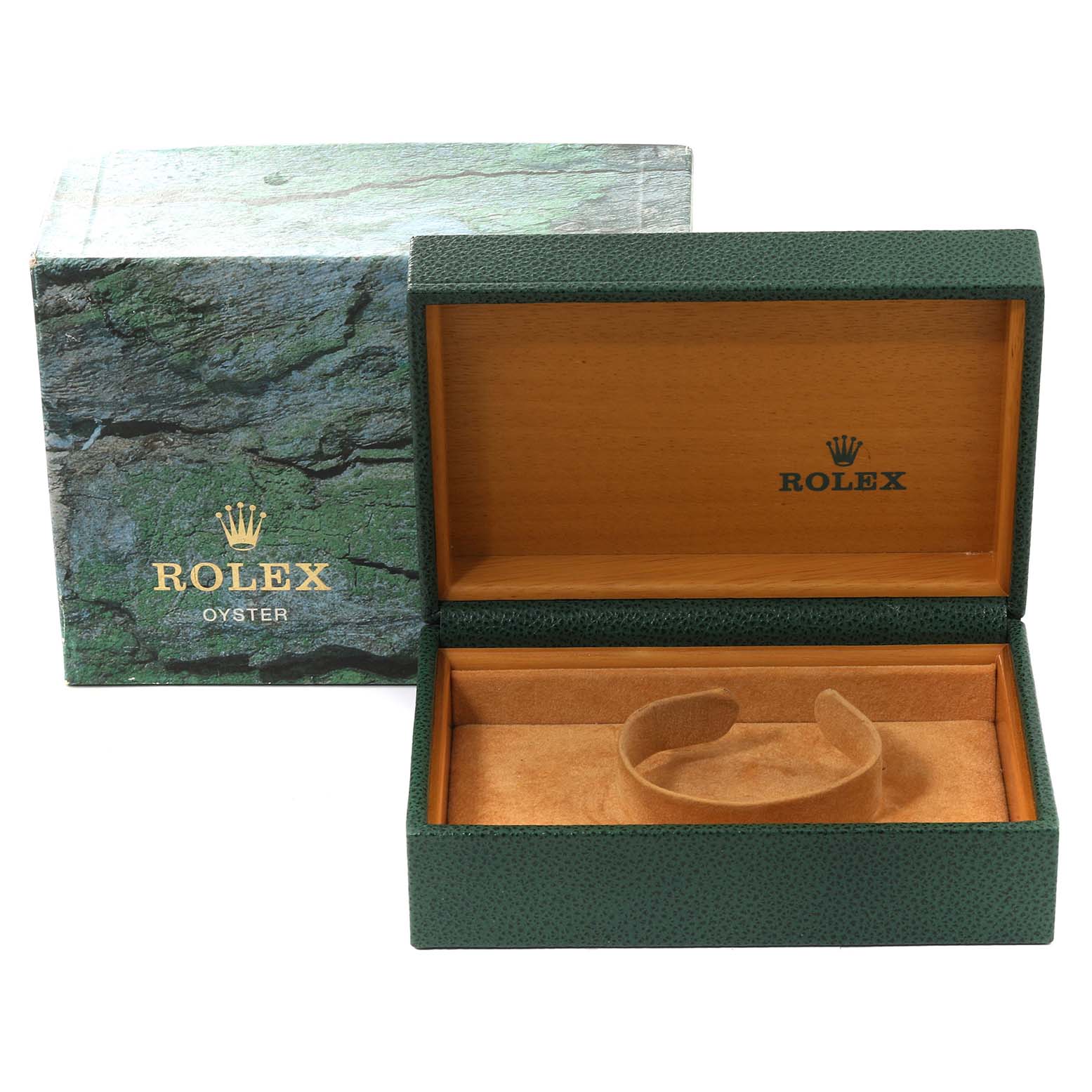 The image shows a Rolex Submariner 16613 Men's Steel and Gold (two tone) Blue Dial 16613 Men's Steel and Gold (two tone) Blue Dial watch box and its outer packaging at a front angle with the box lid open.