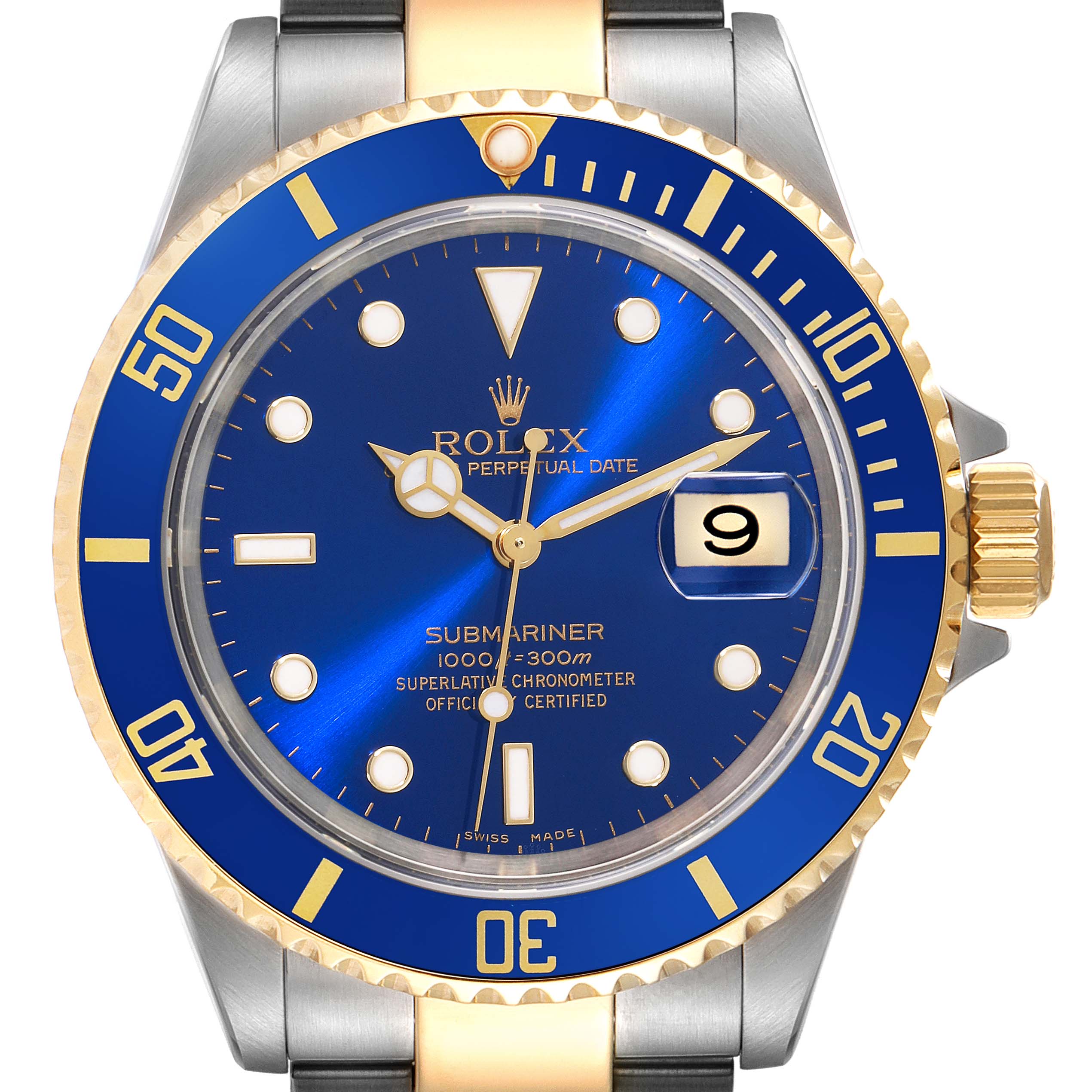 The image shows a front view of a Rolex Submariner 16613 Men's Steel and Gold (two tone) Blue Dial 16613 Men's Steel and Gold (two tone) Blue Dial watch, highlighting its blue dial, gold and blue bezel, and metal bracelet.