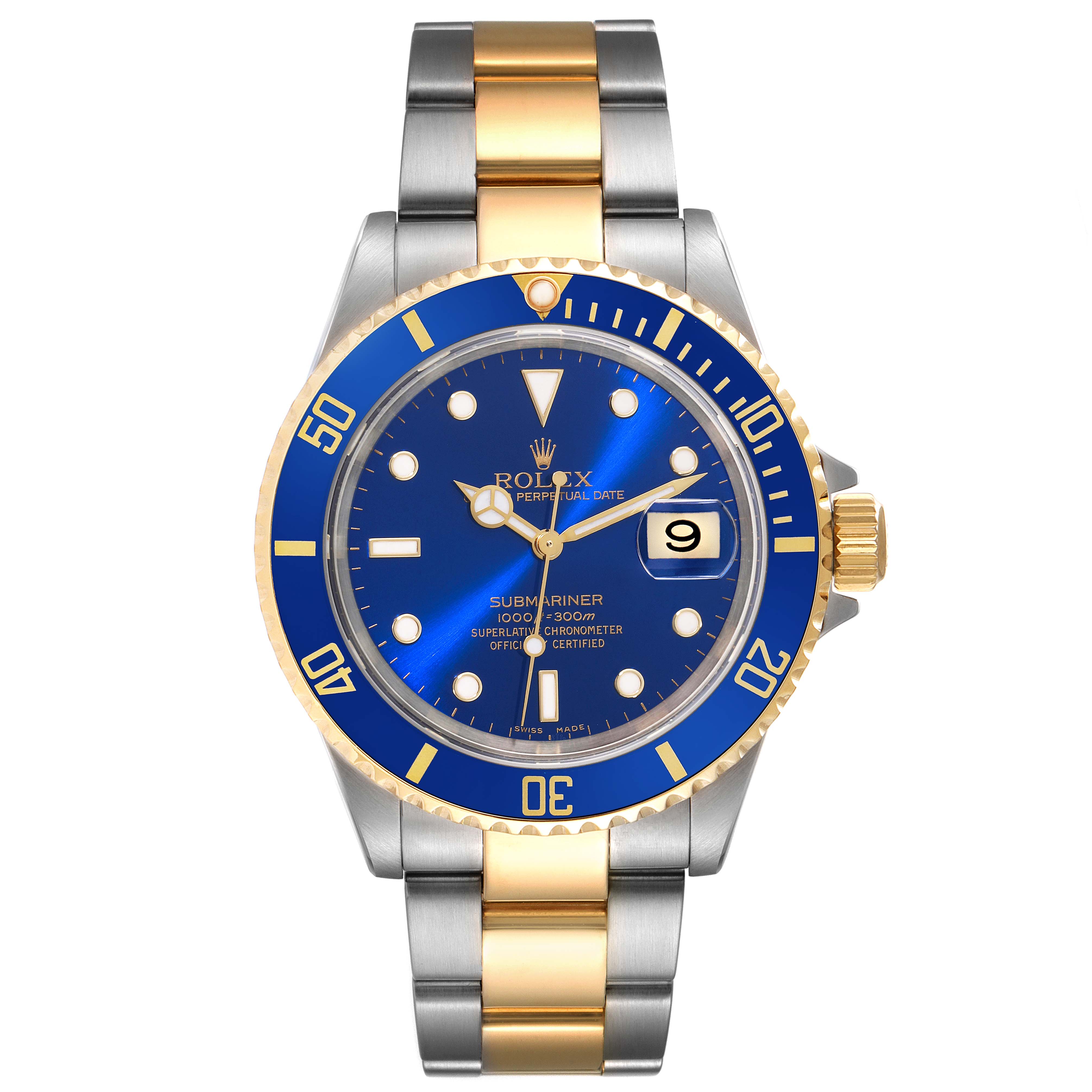 The image shows a front view of the Rolex Submariner 16613 Men's Steel and Gold (two tone) Blue Dial 16613 Men's Steel and Gold (two tone) Blue Dial watch, featuring a blue dial, blue bezel, and a two-tone metal bracelet.