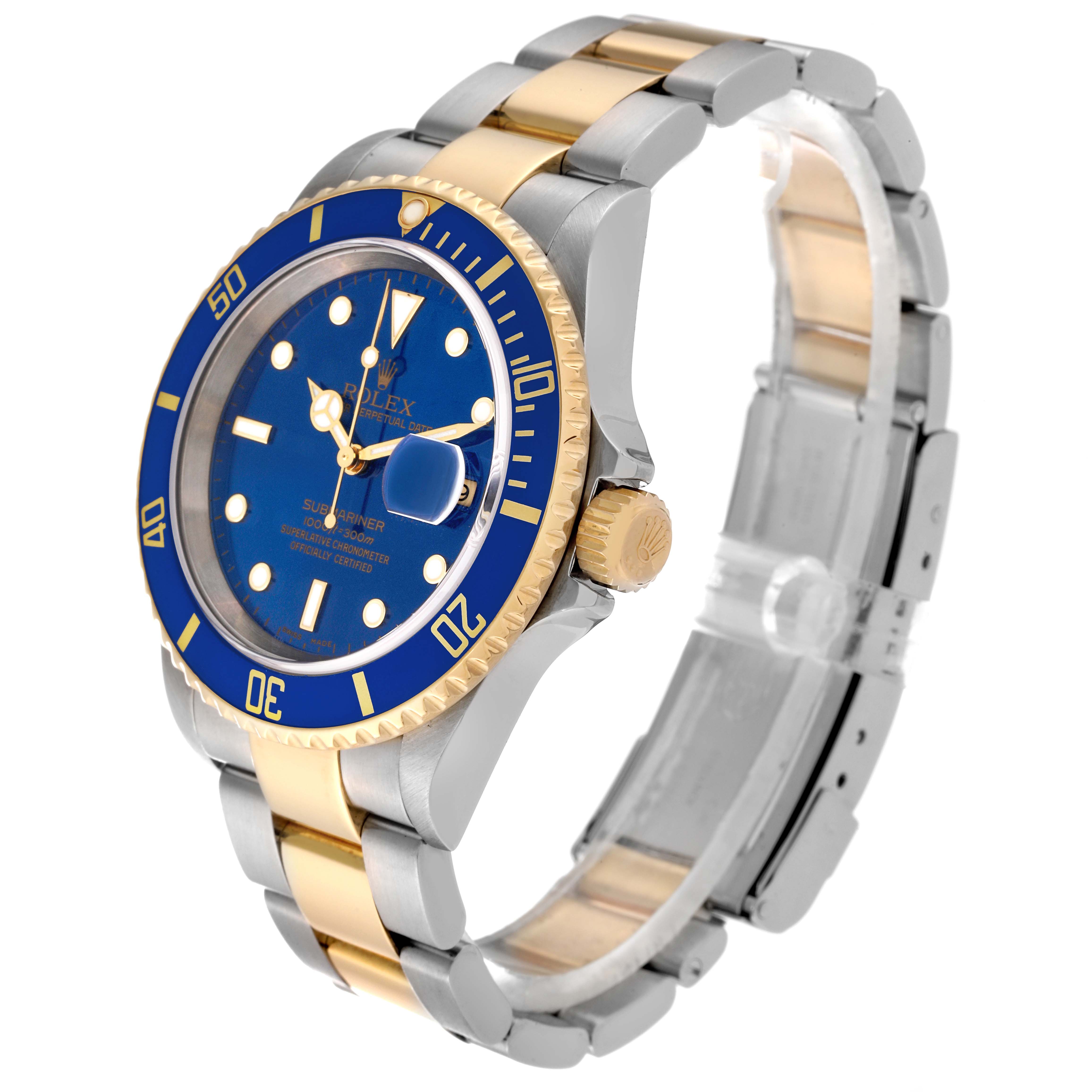 The image shows a Rolex Submariner 16613 Men's Steel and Gold (two tone) Blue Dial 16613 Men's Steel and Gold (two tone) Blue Dial watch at an angle highlighting the face, bezel, crown, and two-tone bracelet.