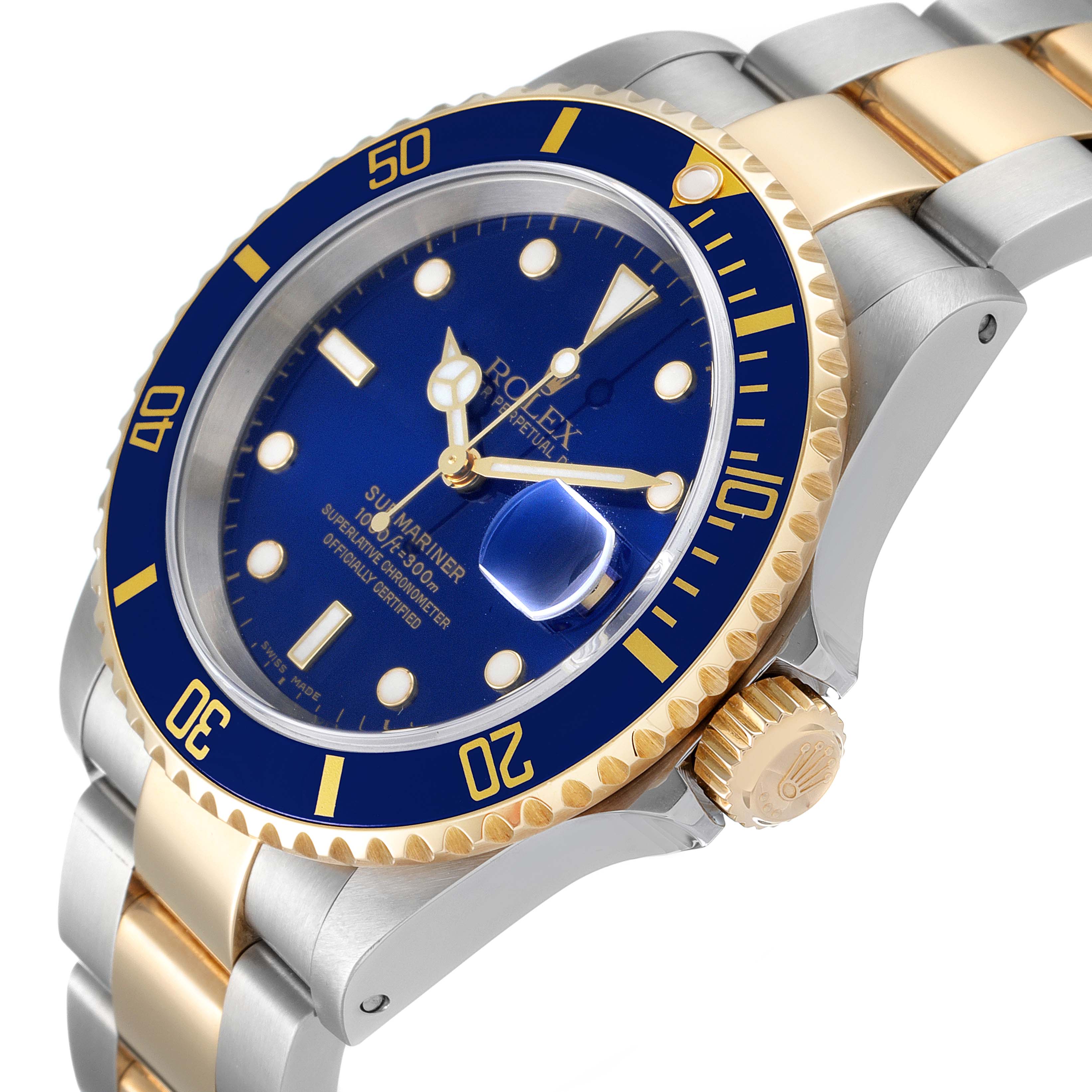 This image shows a Rolex Submariner 16613 Men
s Steel and Gold (two tone) Blue Dial 16613 Men
s Steel and Gold (two tone) Blue Dial watch at a tilted angle, highlighting the bezel, dial, crown, and part of the bracelet.
