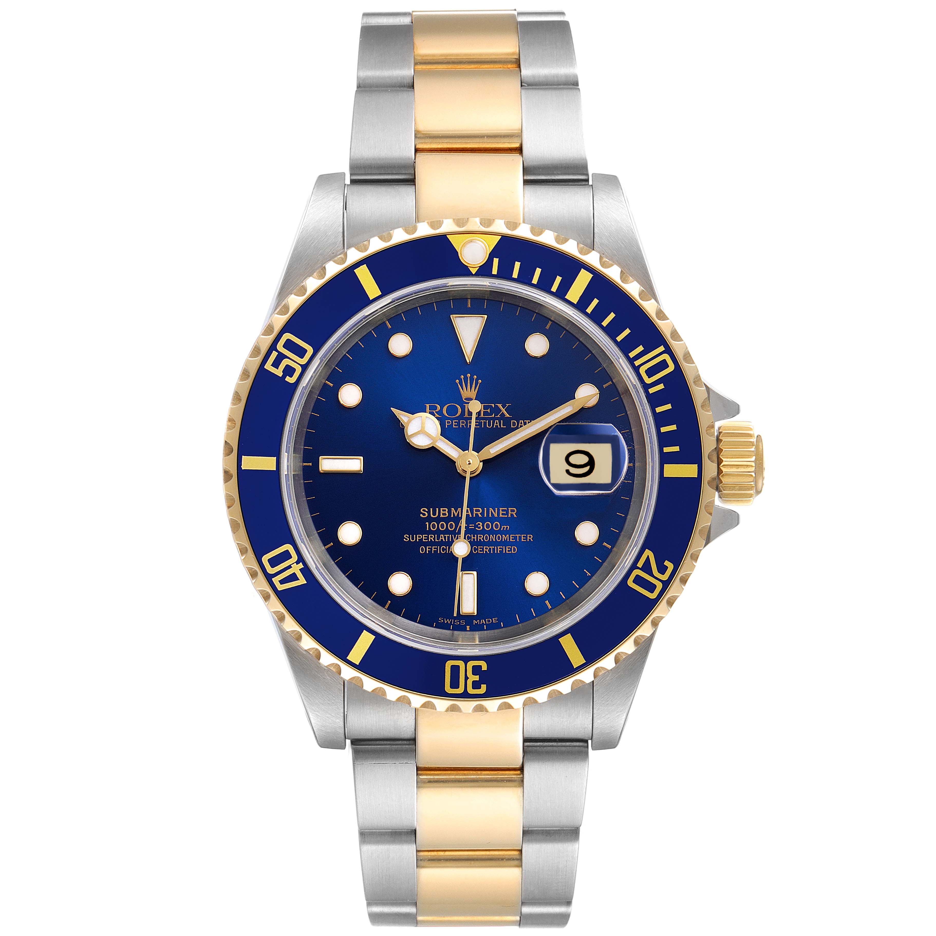 The image shows a front view of a Rolex Submariner 16613 Men
s Steel and Gold (two tone) Blue Dial 16613 Men
s Steel and Gold (two tone) Blue Dial watch featuring a blue dial and a two-tone bracelet.