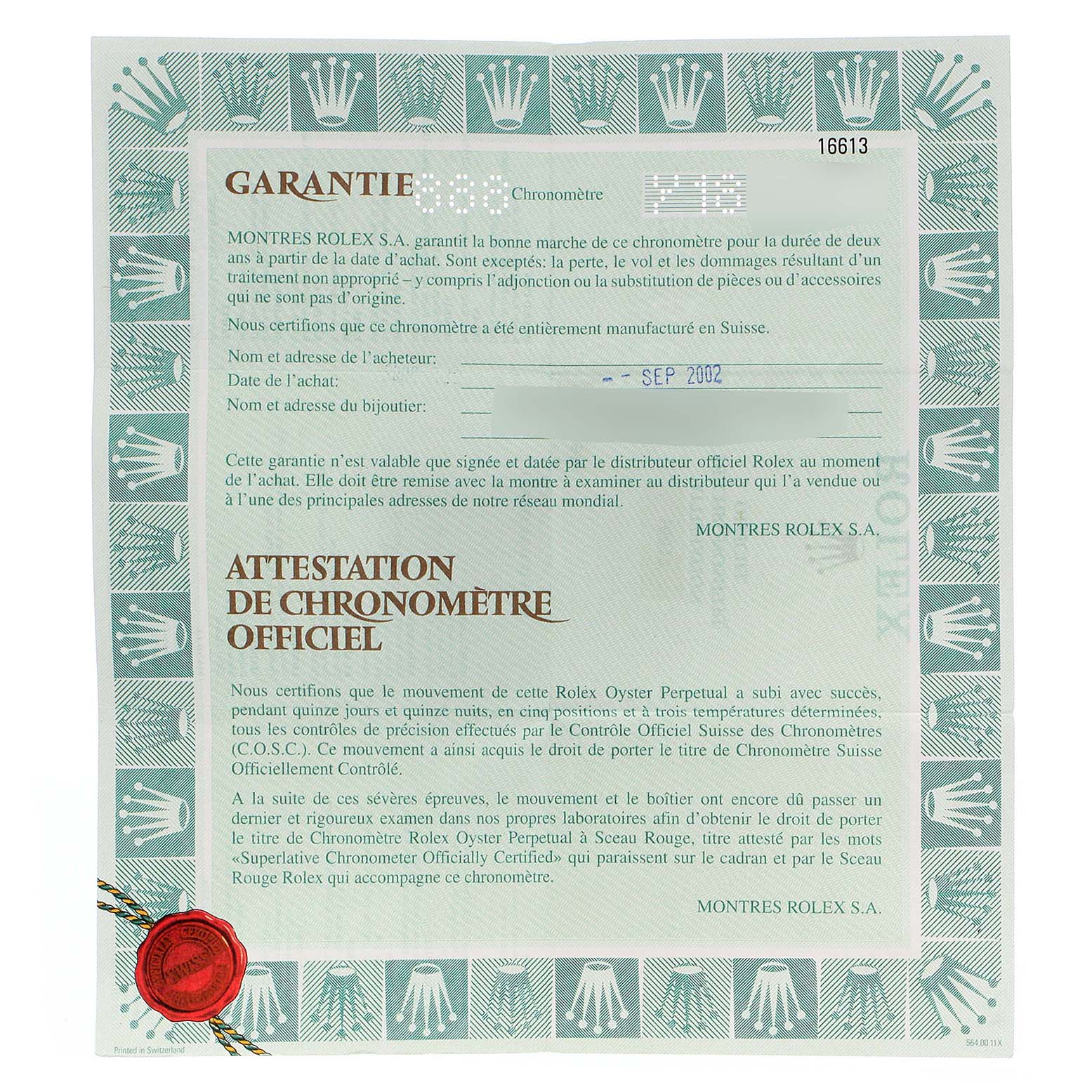 This image shows a warranty and official chronometer certification document for a Rolex Submariner 16613 Men
s Steel and Gold (two tone) Blue Dial 16613 Men
s Steel and Gold (two tone) Blue Dial watch.