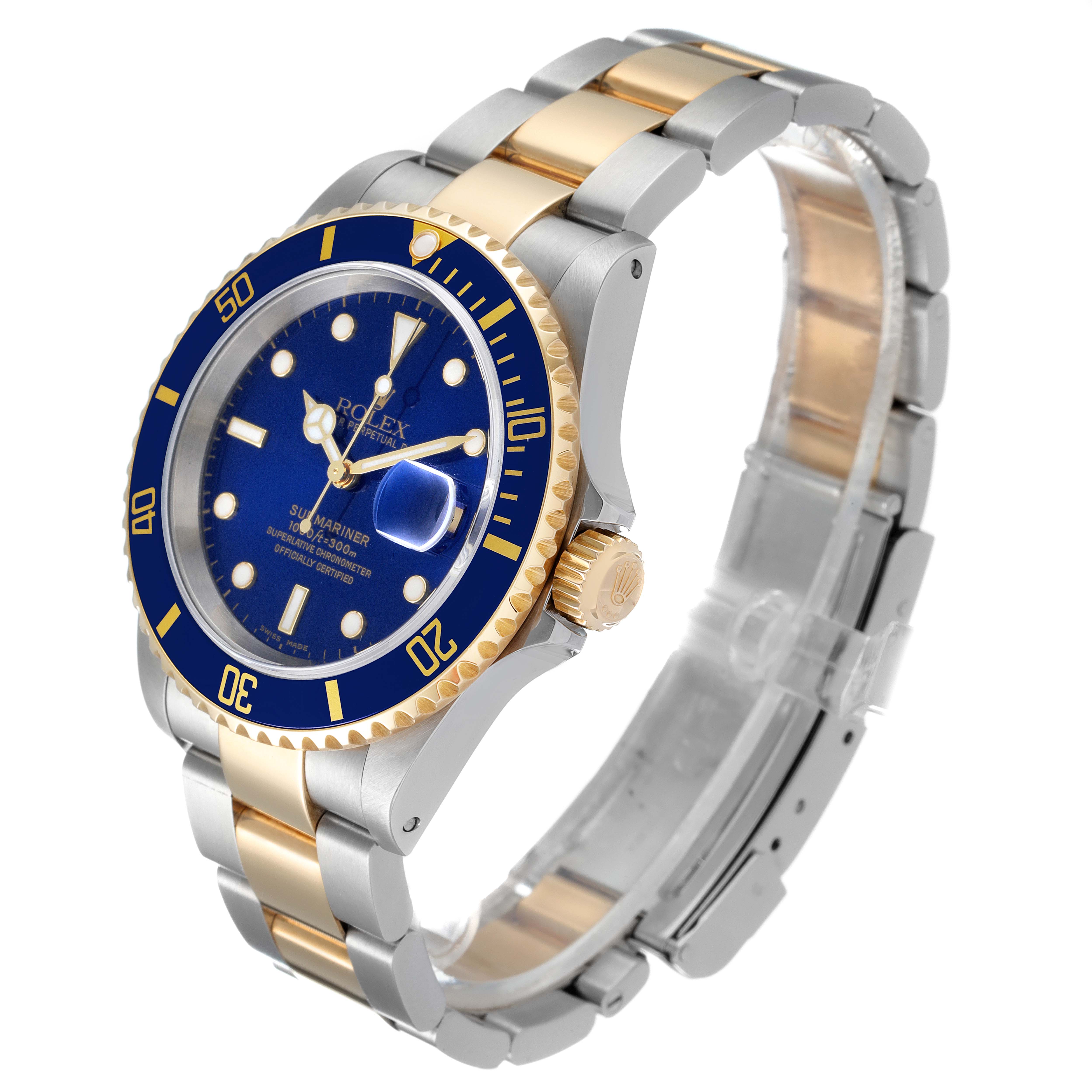 The image shows a Rolex Submariner 16613 Men
s Steel and Gold (two tone) Blue Dial 16613 Men
s Steel and Gold (two tone) Blue Dial watch angled to display the gold and silver bracelet, blue dial, and the bezel with crown.