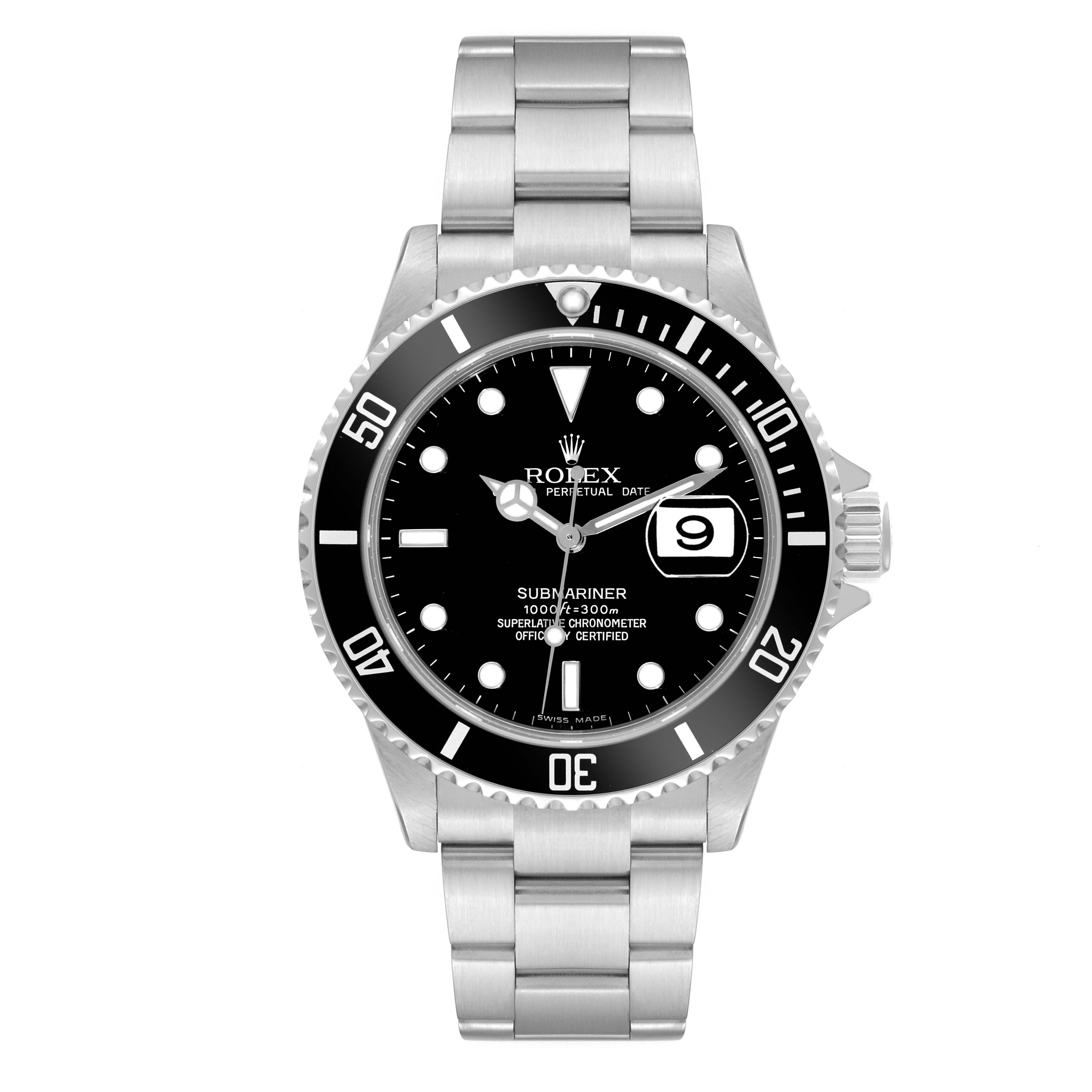 This image shows the front view of a Rolex Submariner 16610 Men
s Stainless Steel Black Dial 16610 Men
s Stainless Steel Black Dial watch, including the dial, bezel, and bracelet.