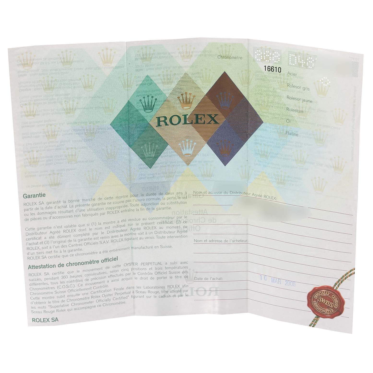 This is a guarantee and certification document for a Rolex Submariner 16610 Men
s Stainless Steel Black Dial 16610 Men
s Stainless Steel Black Dial watch, displayed flat and opened.