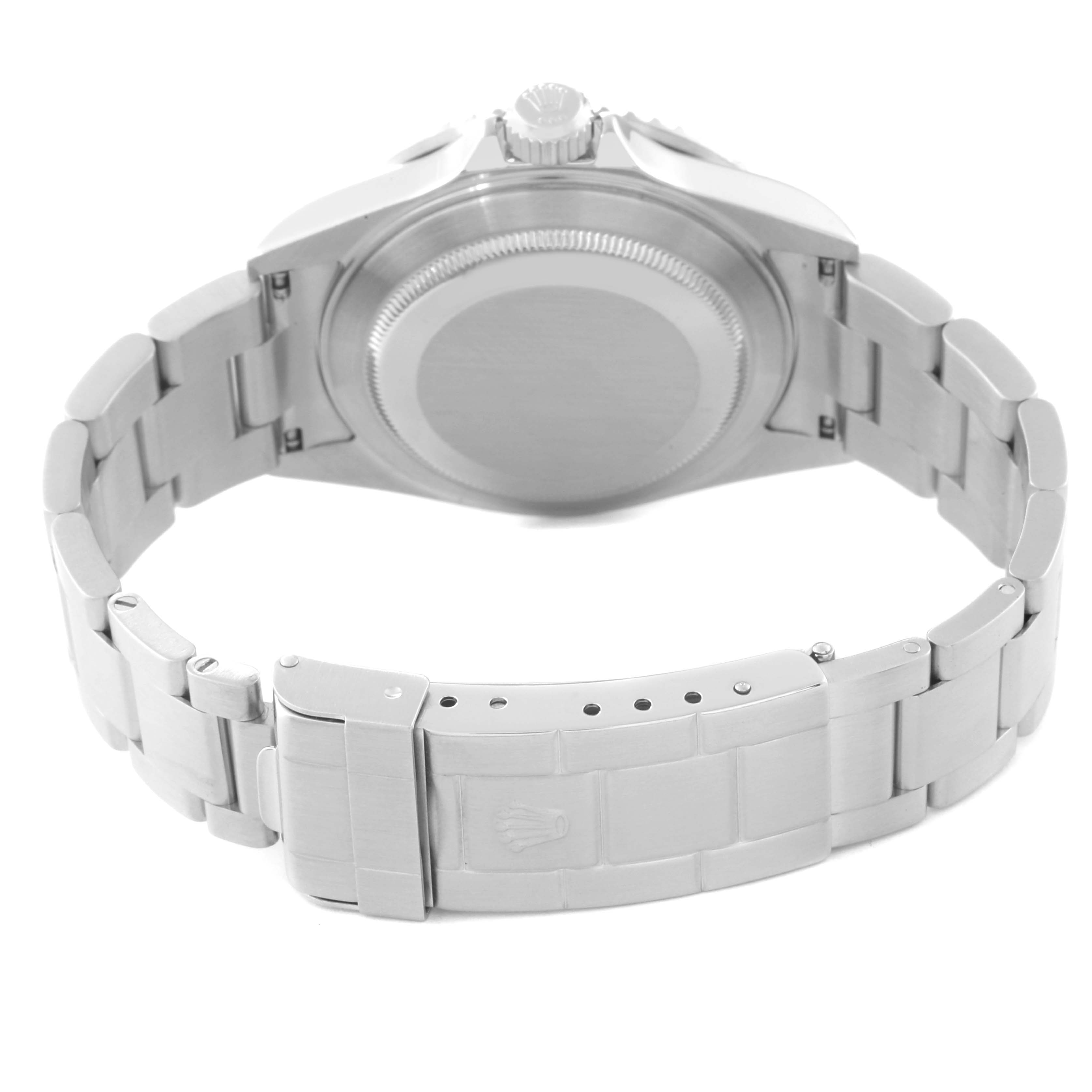 This image shows the back case and bracelet of a Rolex Submariner 16610 Men
s Stainless Steel Black Dial 16610 Men
s Stainless Steel Black Dial watch from a rear angle.