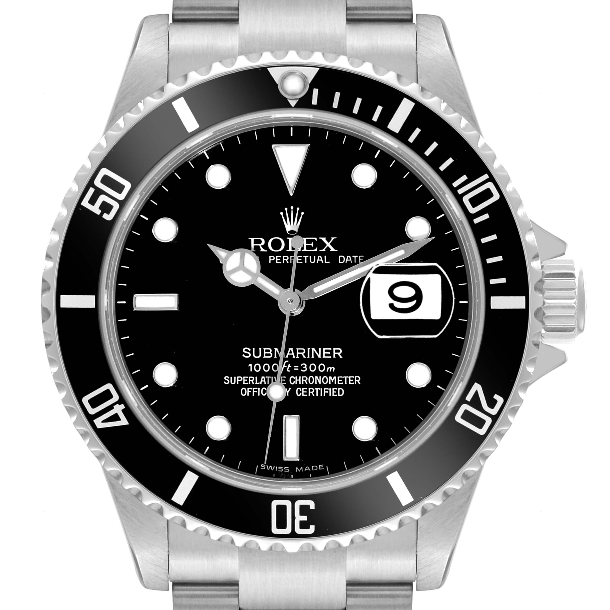 This Rolex Submariner 16610 Men
s Stainless Steel Black Dial 16610 Men
s Stainless Steel Black Dial watch is shown from the front, displaying the dial, bezel, and part of the bracelet.