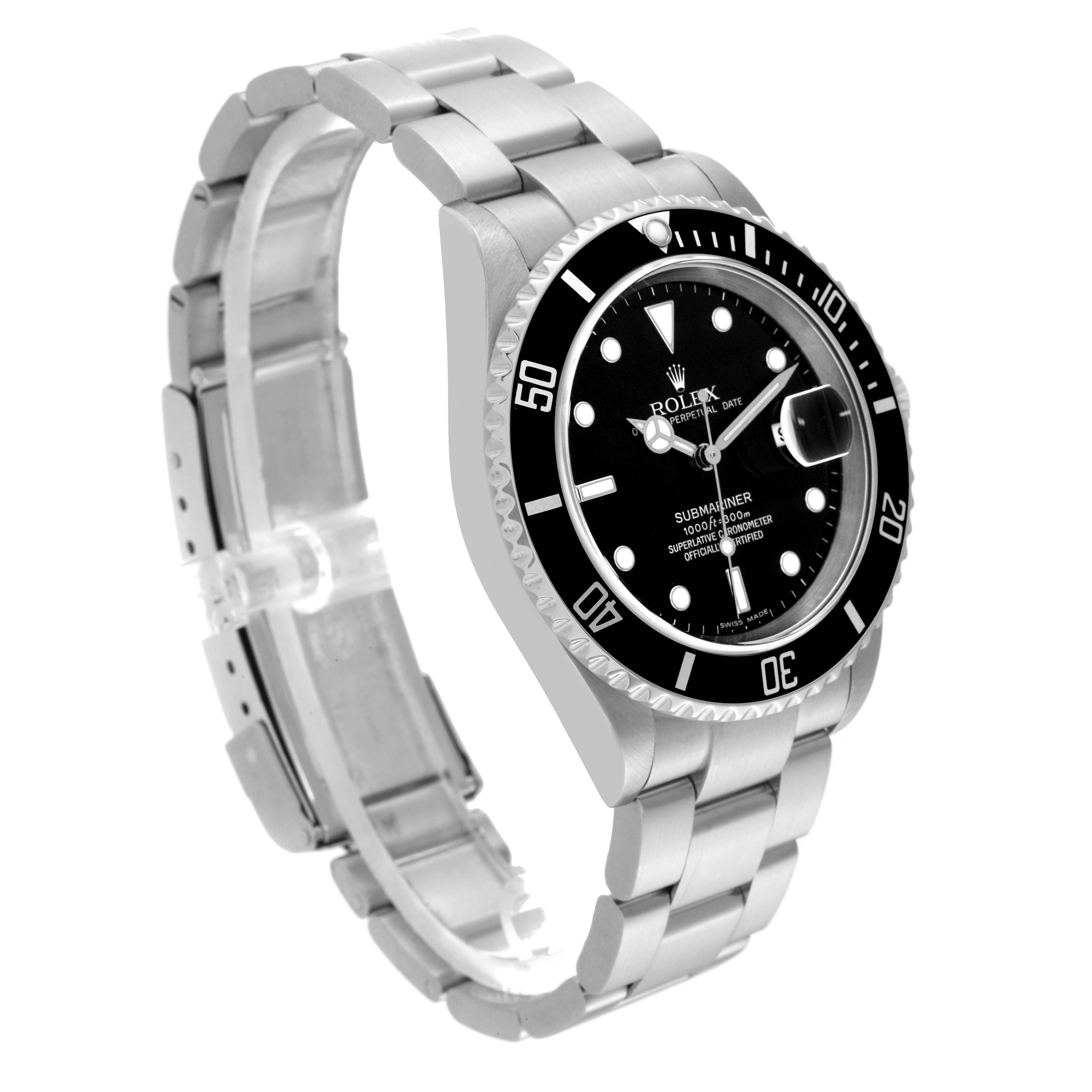 The Rolex Submariner 16610 Men
s Stainless Steel Black Dial 16610 Men
s Stainless Steel Black Dial watch is shown at an angle displaying the face, bezel, and bracelet.