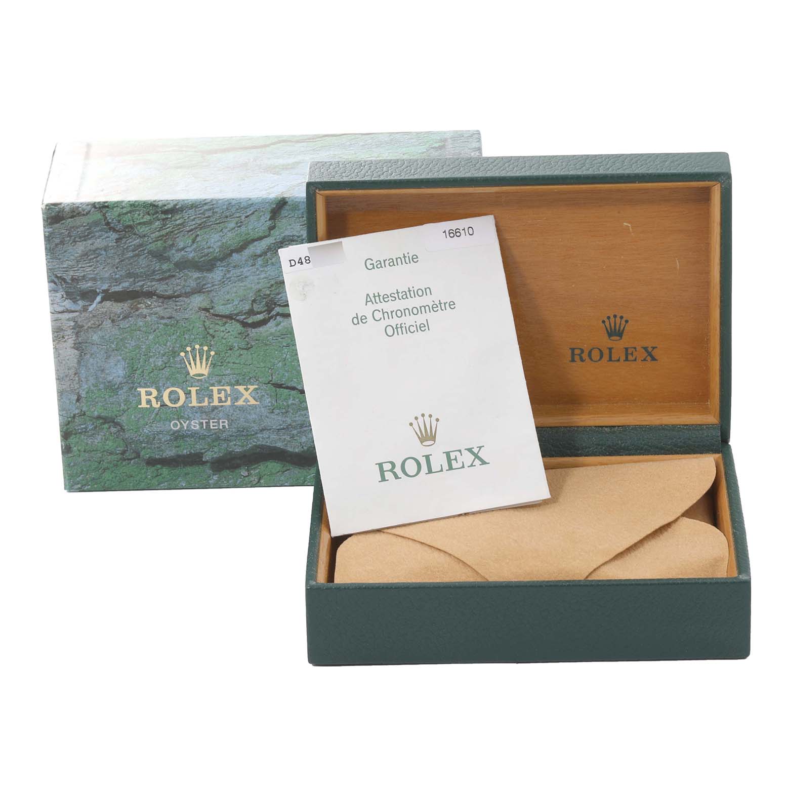 The image shows a Rolex Submariner 16610 Men
s Stainless Steel Black Dial 16610 Men
s Stainless Steel Black Dial watch box and warranty card from a top-down angle.