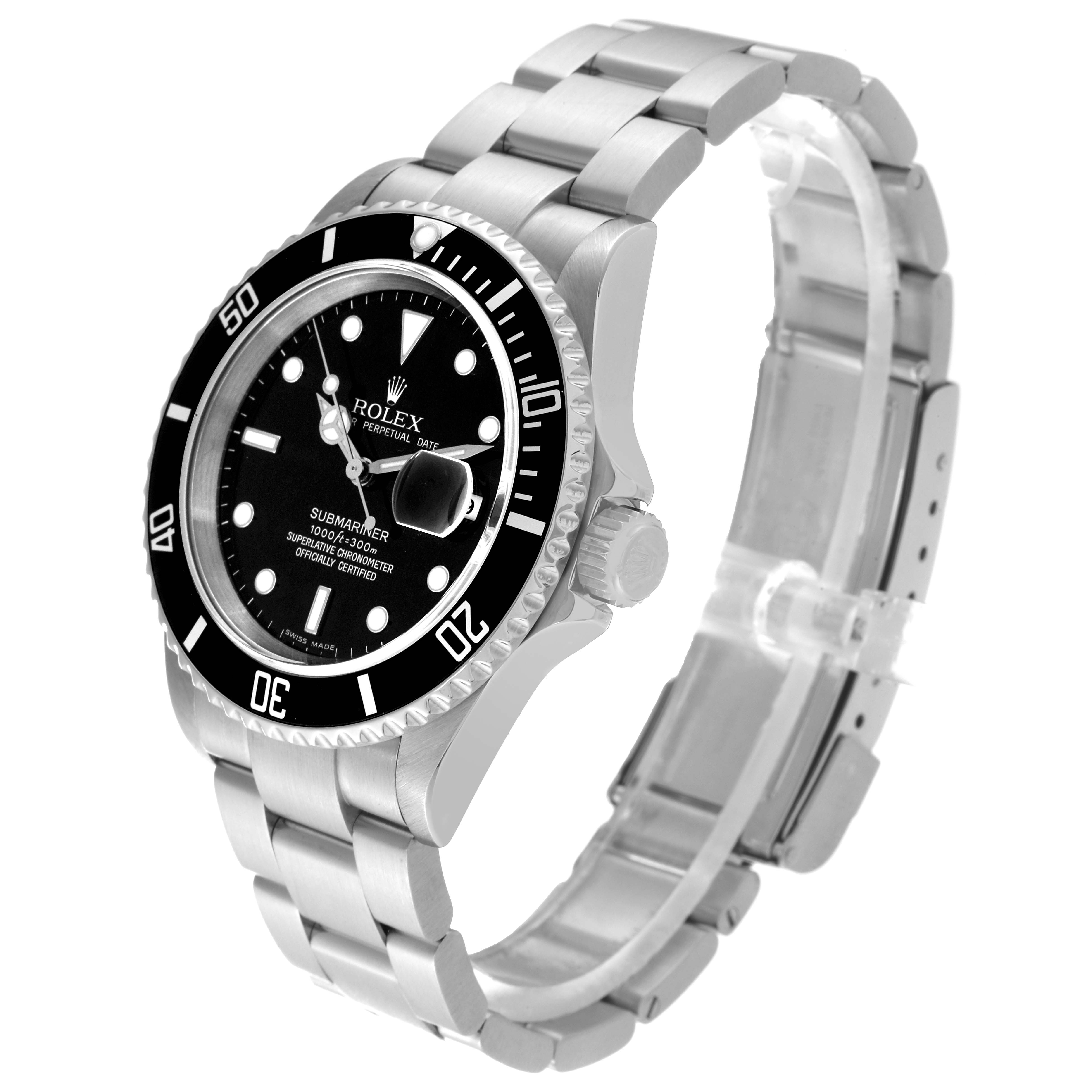 This image shows a Rolex Submariner 16610 Men
s Stainless Steel Black Dial 16610 Men
s Stainless Steel Black Dial watch at a three-quarter angle, highlighting its face, bezel, and bracelet.