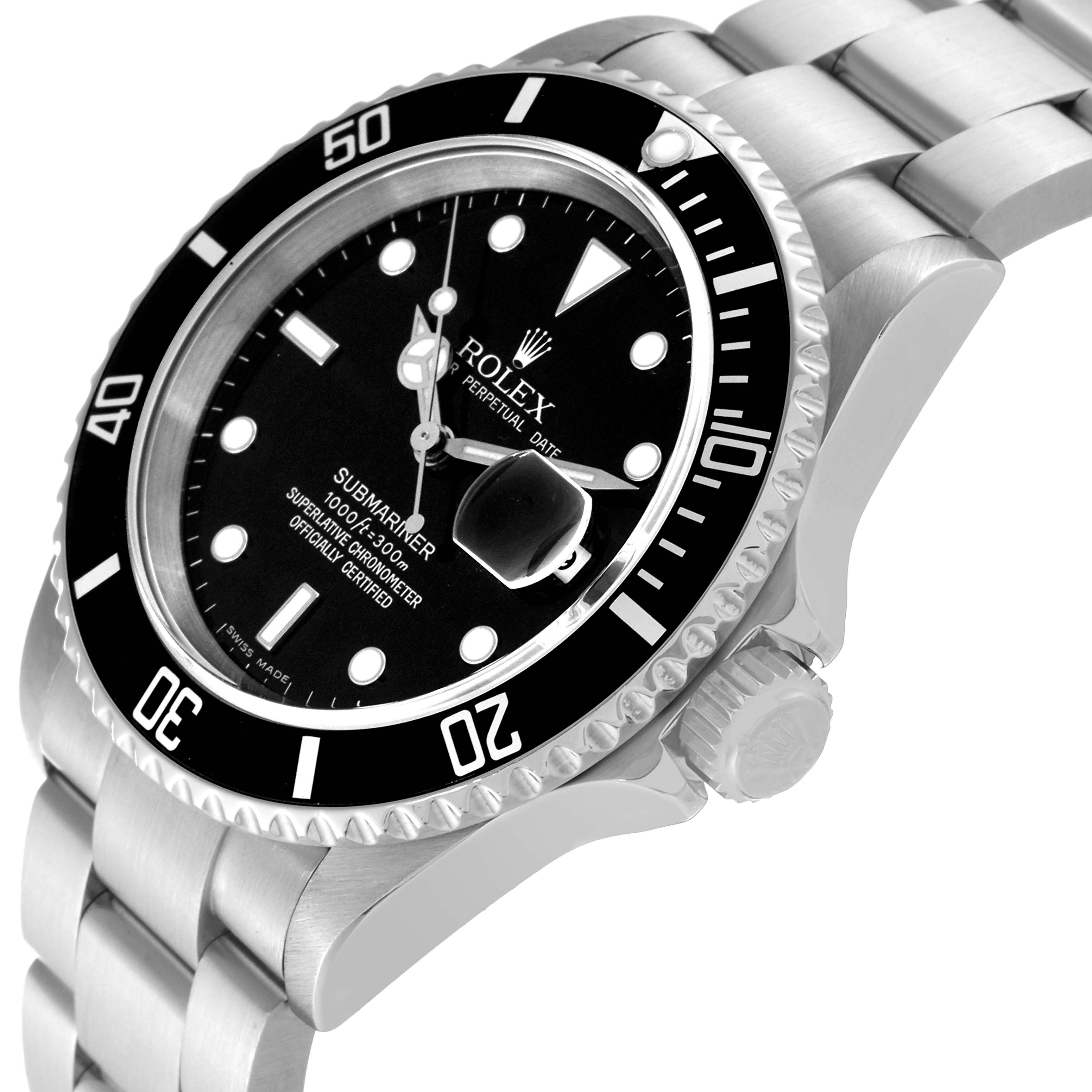 The image shows a close-up angled view of a Rolex Submariner 16610 Men
s Stainless Steel Black Dial 16610 Men
s Stainless Steel Black Dial watch, displaying the dial, bracelet, bezel, and crown.