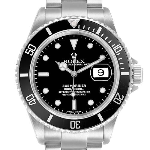 The Rolex Submariner 16610 Men's Stainless Steel Black Dial watch is shown from the front, displaying the face, bezel, crown, and bracelet sections.