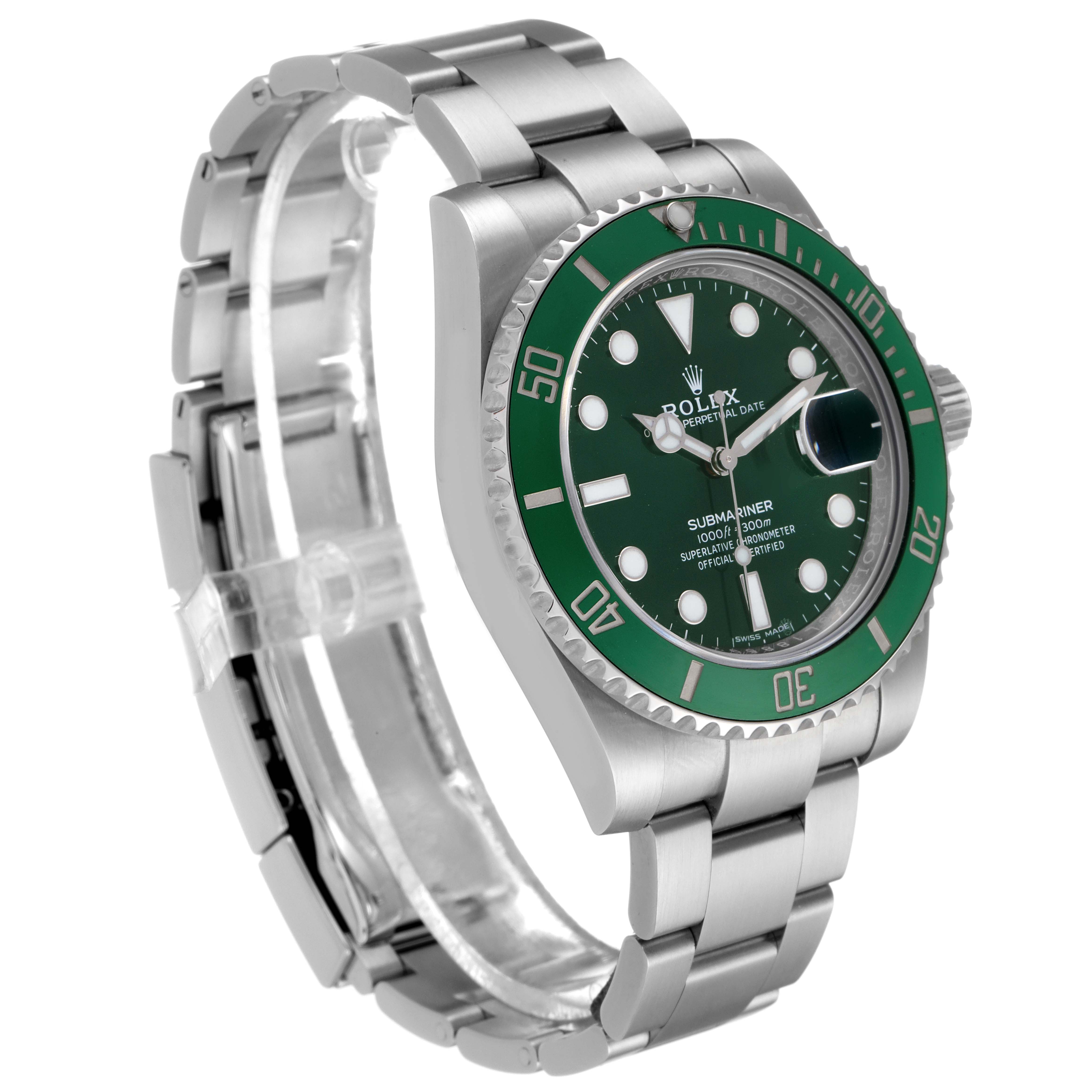 The image shows a side-angle view of a Rolex Submariner 116610LV Men
s Stainless Steel Green Dial 116610LV Men
s Stainless Steel Green Dial watch, showcasing its green bezel, dial, and stainless steel bracelet.