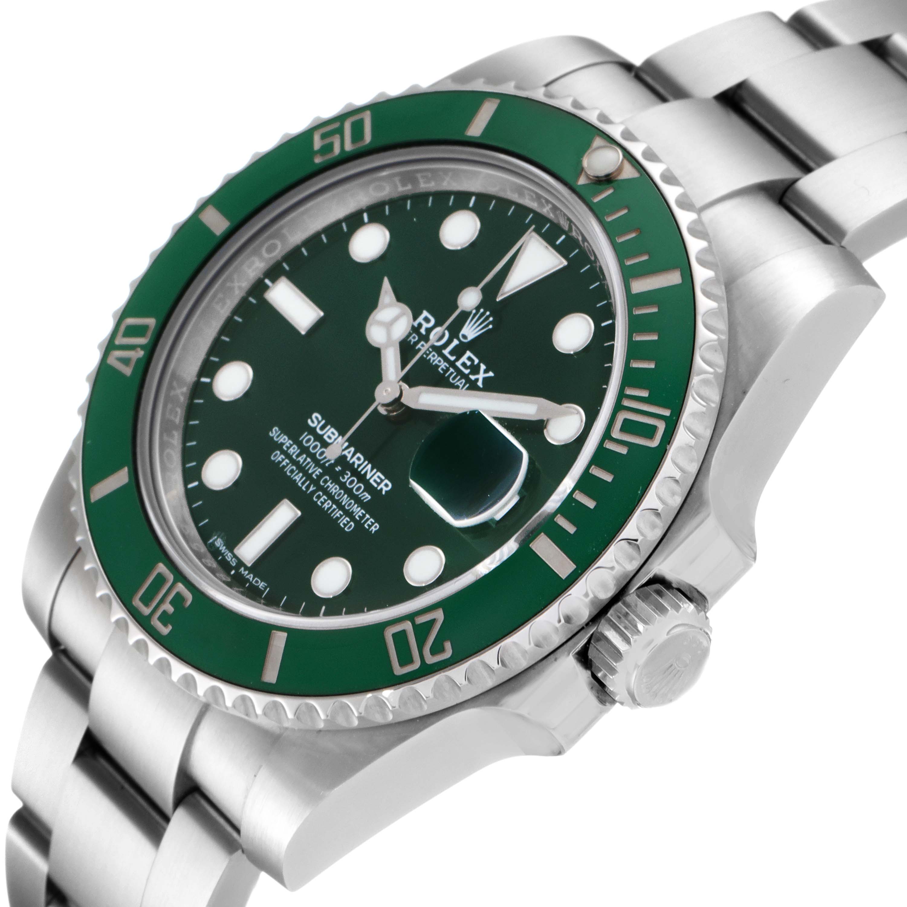 This image shows a close-up of the Rolex Submariner 116610LV Men
s Stainless Steel Green Dial 116610LV Men
s Stainless Steel Green Dial watch, highlighting its green bezel, dial, crown, and bracelet.