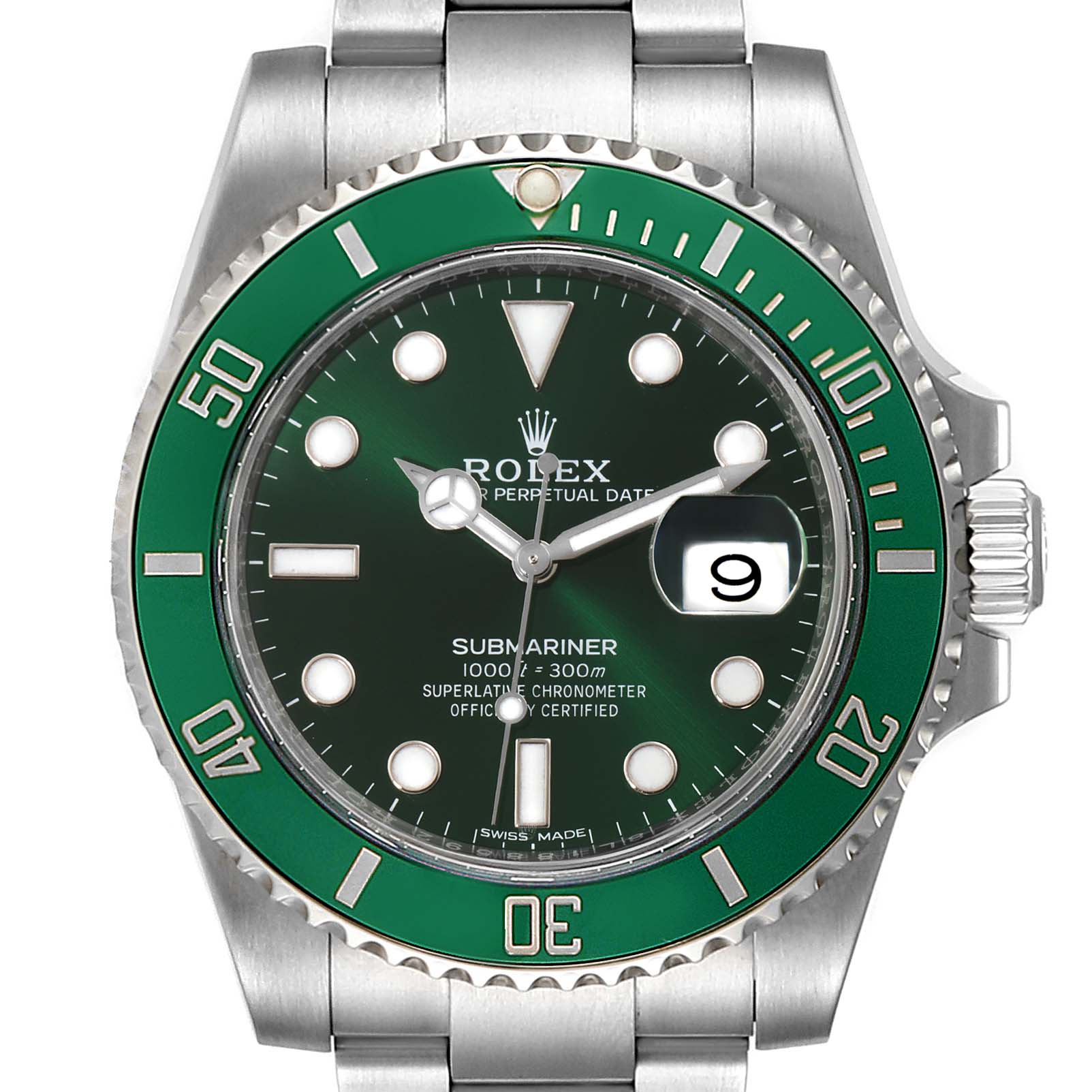 This image shows a front view of a Rolex Submariner 116610LV Men
s Stainless Steel Green Dial 116610LV Men
s Stainless Steel Green Dial watch, highlighting its green bezel, dial, and date magnification.