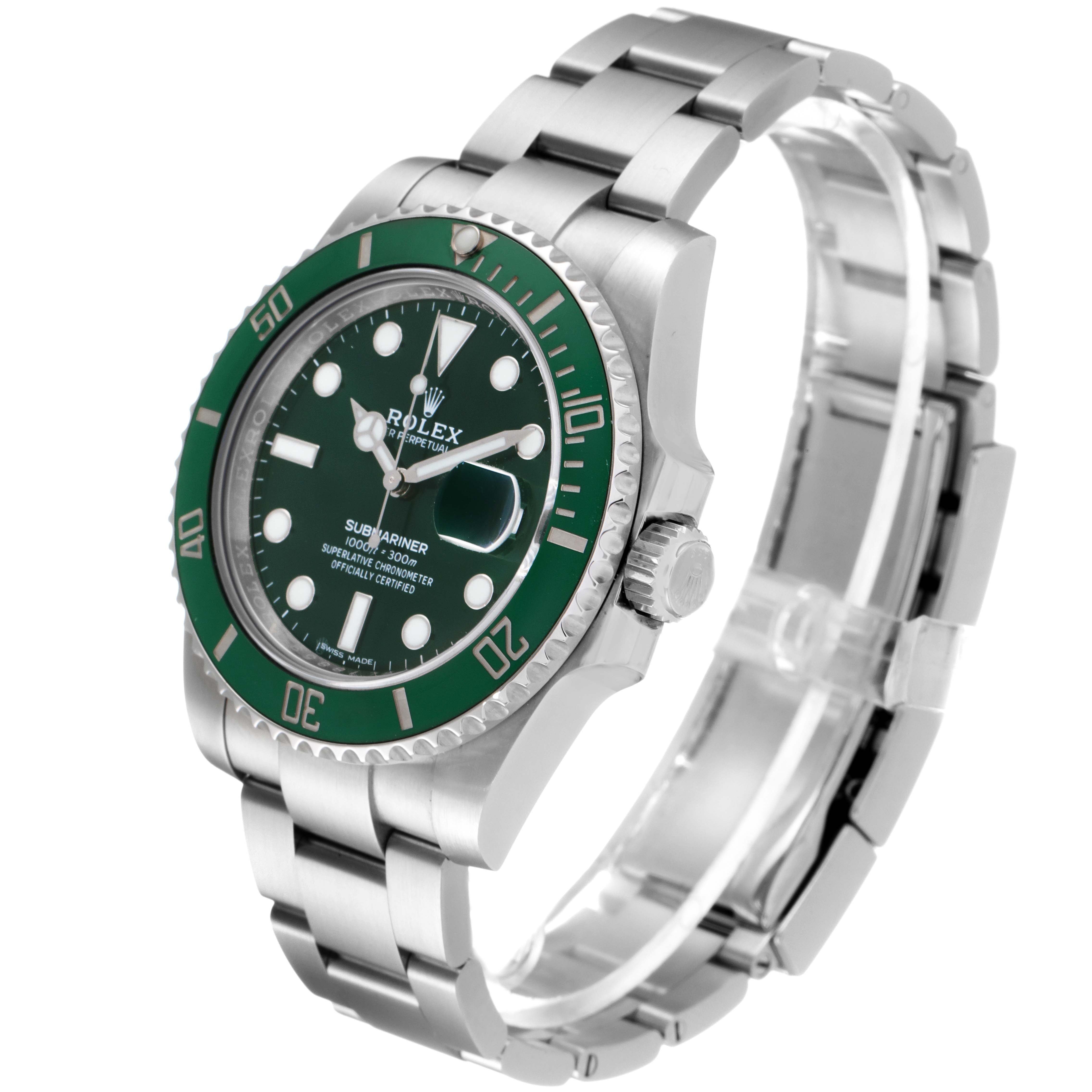 The image shows a Rolex Submariner 116610LV Men
s Stainless Steel Green Dial 116610LV Men
s Stainless Steel Green Dial watch at an angle that highlights its green bezel, dial, and stainless steel bracelet.