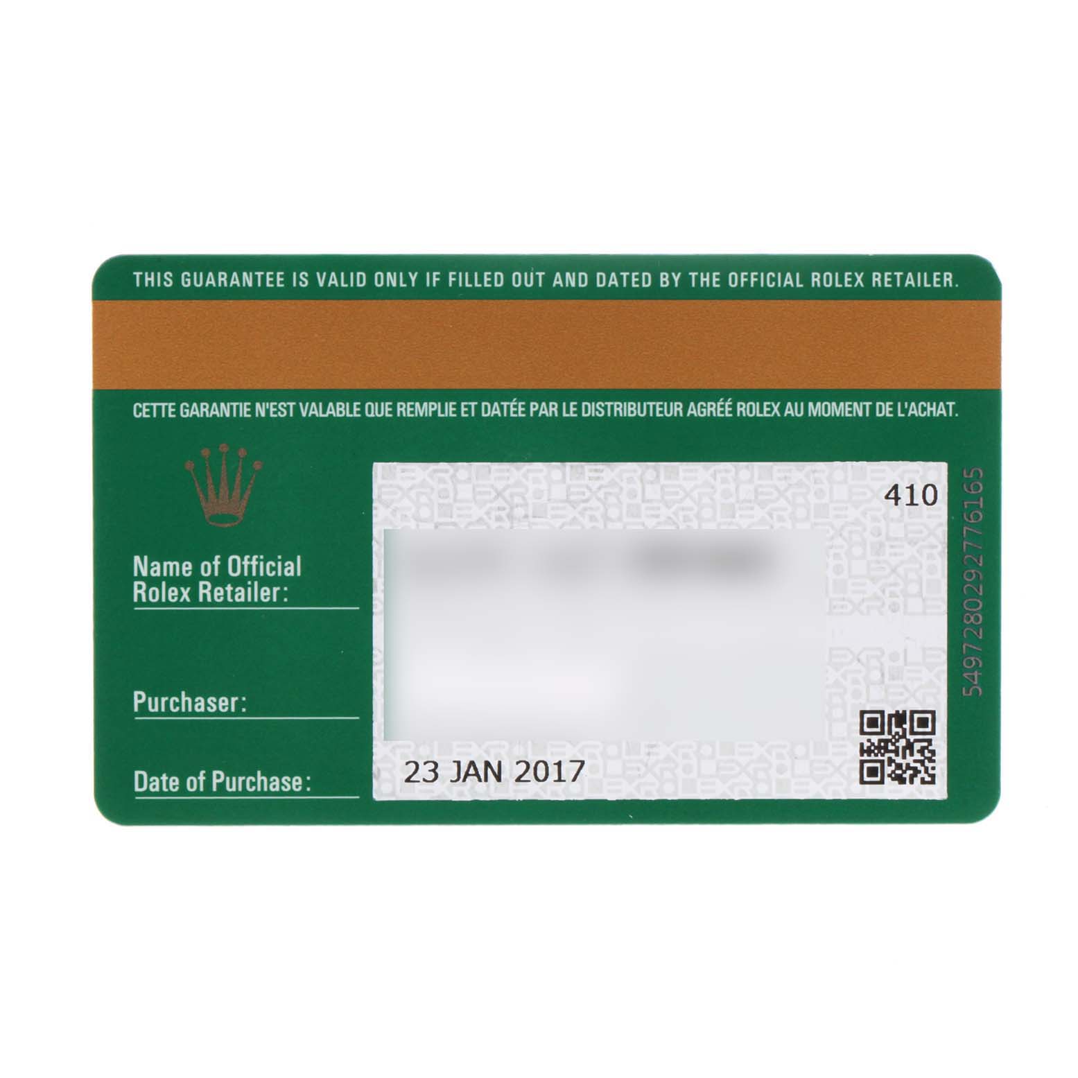 The image shows a guarantee card for a Rolex Submariner 116610LV Men
s Stainless Steel Green Dial 116610LV Men
s Stainless Steel Green Dial watch, detailing retailer, purchaser, and purchase date information.