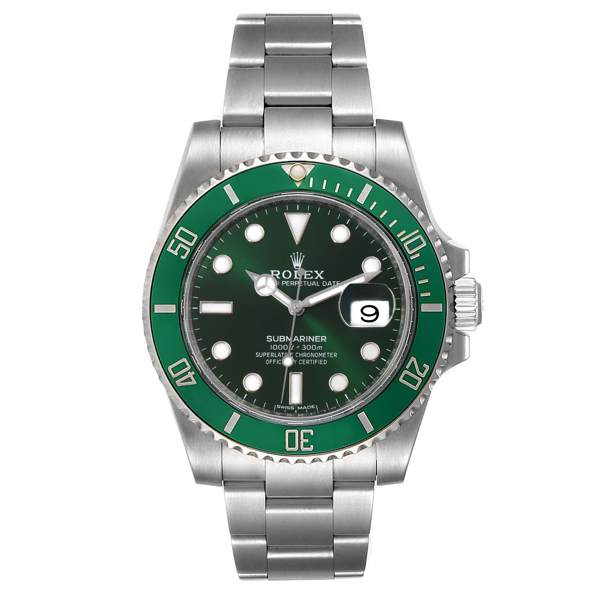 The image shows a front view of the Rolex Submariner 116610LV Men
s Stainless Steel Green Dial 116610LV Men
s Stainless Steel Green Dial watch with a green bezel and dial, displaying the bracelet, crown, and date window.