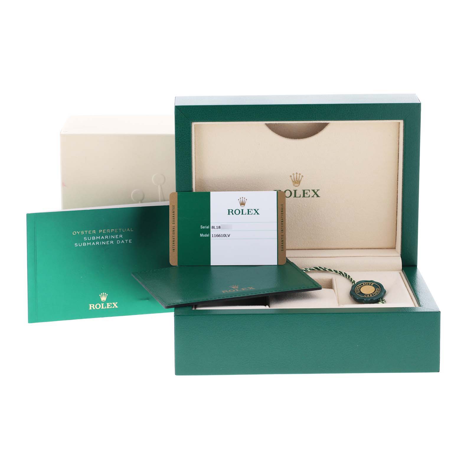 The image shows the box, card, booklet, and hangtag for a Rolex Submariner 116610LV Men
s Stainless Steel Green Dial 116610LV Men
s Stainless Steel Green Dial watch.