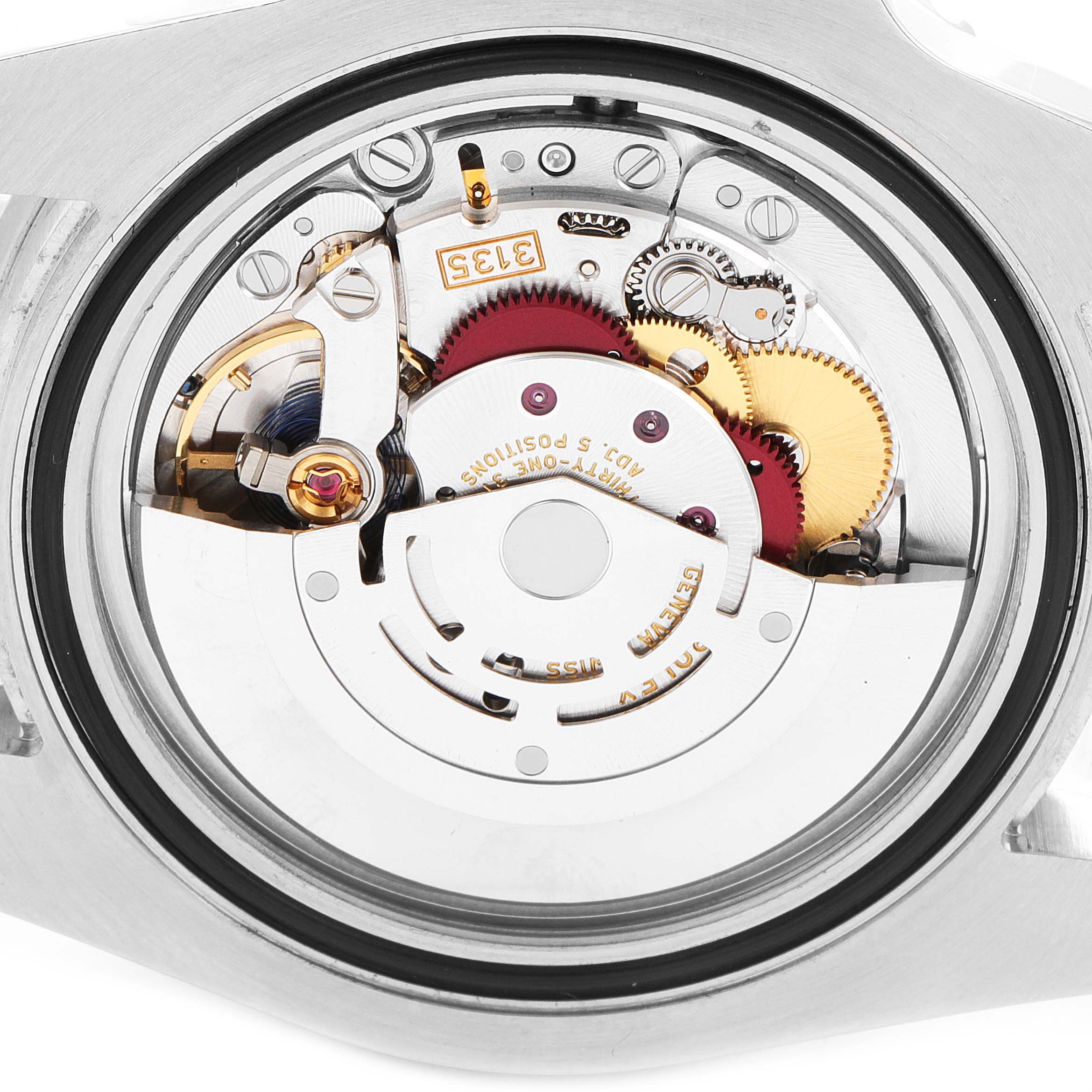 The image shows the internal movement and mechanism of a Rolex Submariner 116610LV Men
s Stainless Steel Green Dial 116610LV Men
s Stainless Steel Green Dial watch from a rear angle.