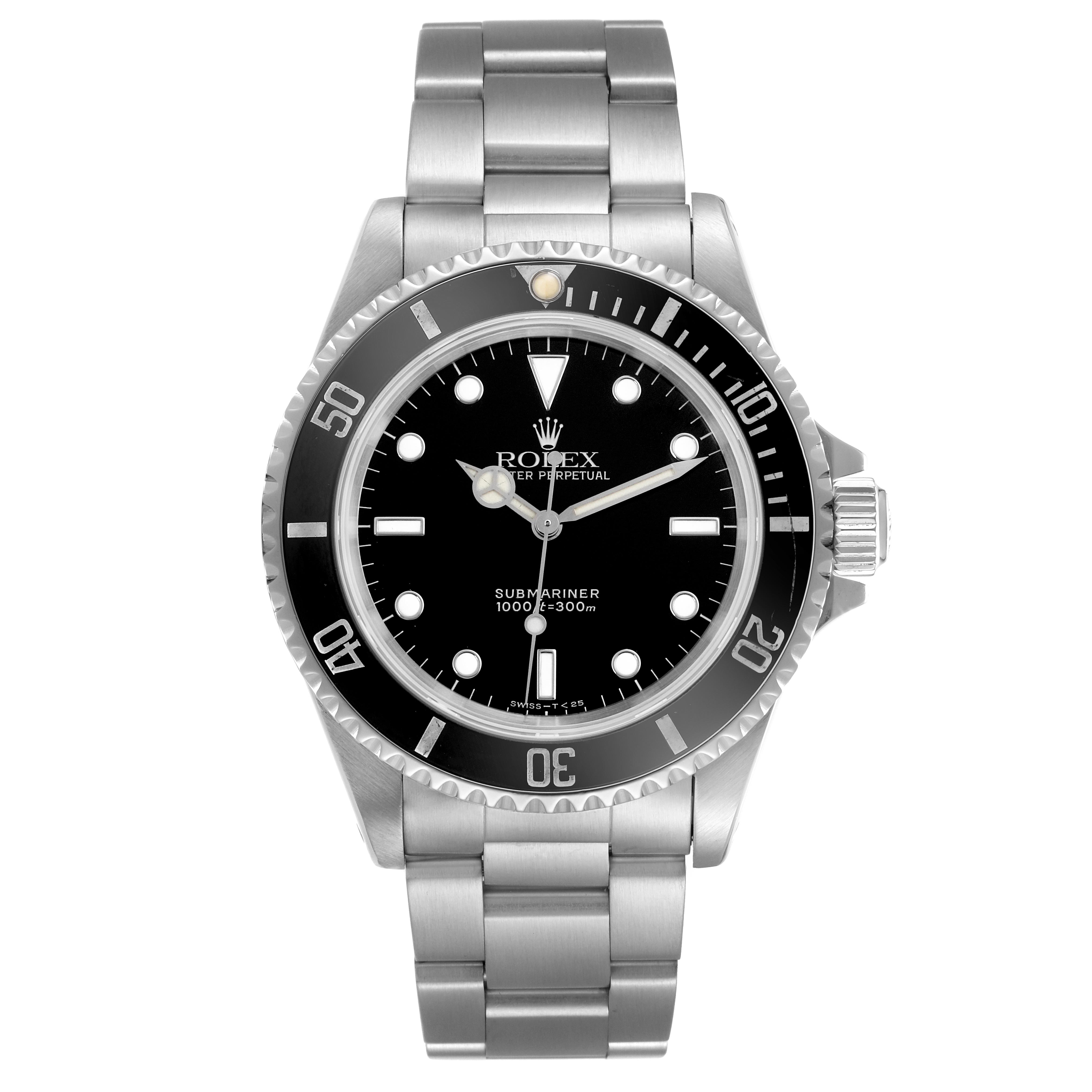 The Rolex Submariner 14060 Men's Stainless Steel Black Dial 14060 Men's Stainless Steel Black Dial watch is shown from a front angle, displaying its black dial, bezel, and stainless steel strap.