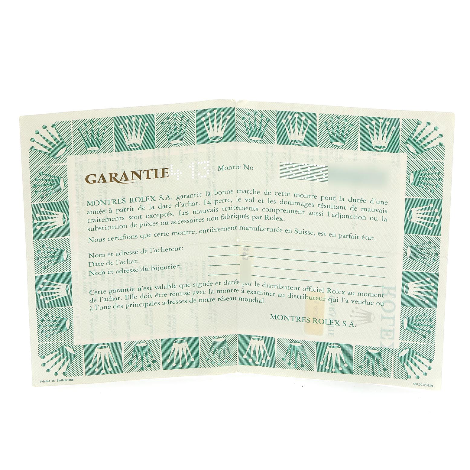 This image shows the warranty certificate for a Rolex Submariner 14060 Men's Stainless Steel Black Dial 14060 Men's Stainless Steel Black Dial, featuring the brand's logo and text.