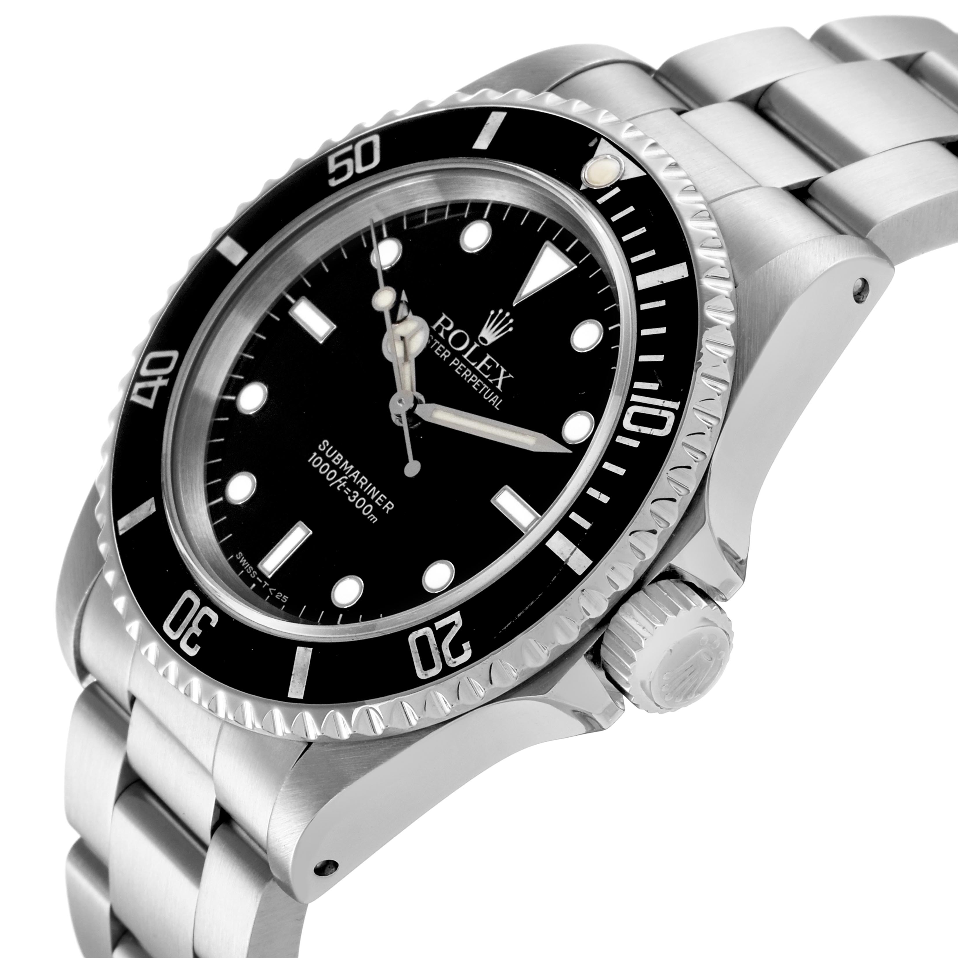 The Rolex Submariner 14060 Men's Stainless Steel Black Dial 14060 Men's Stainless Steel Black Dial watch is shown at a 3/4 angle, highlighting the bezel, crown, face, and part of the bracelet.