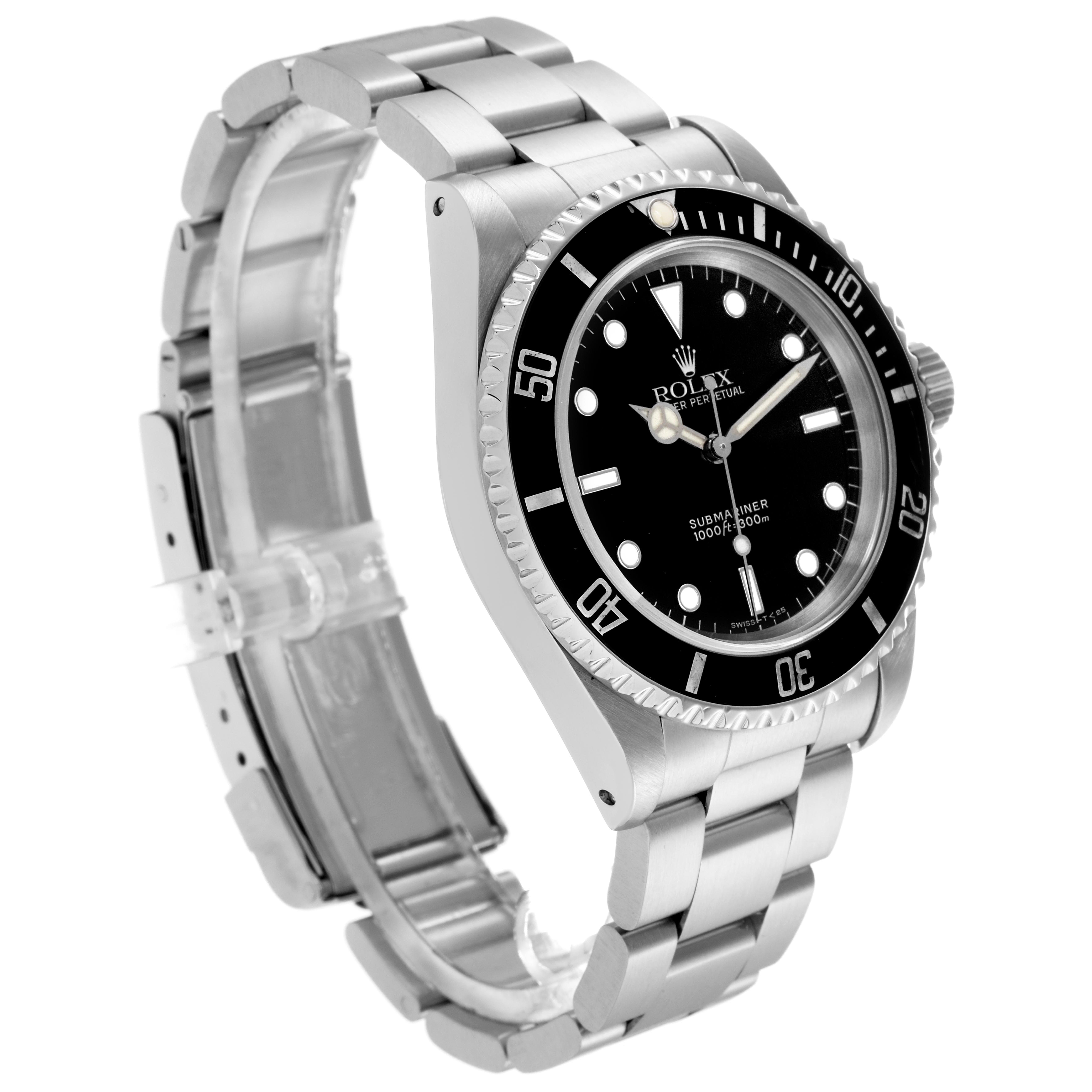 The Rolex Submariner 14060 Men's Stainless Steel Black Dial 14060 Men's Stainless Steel Black Dial watch is shown at a three-quarter angle, displaying the bezel, dial, and bracelet.