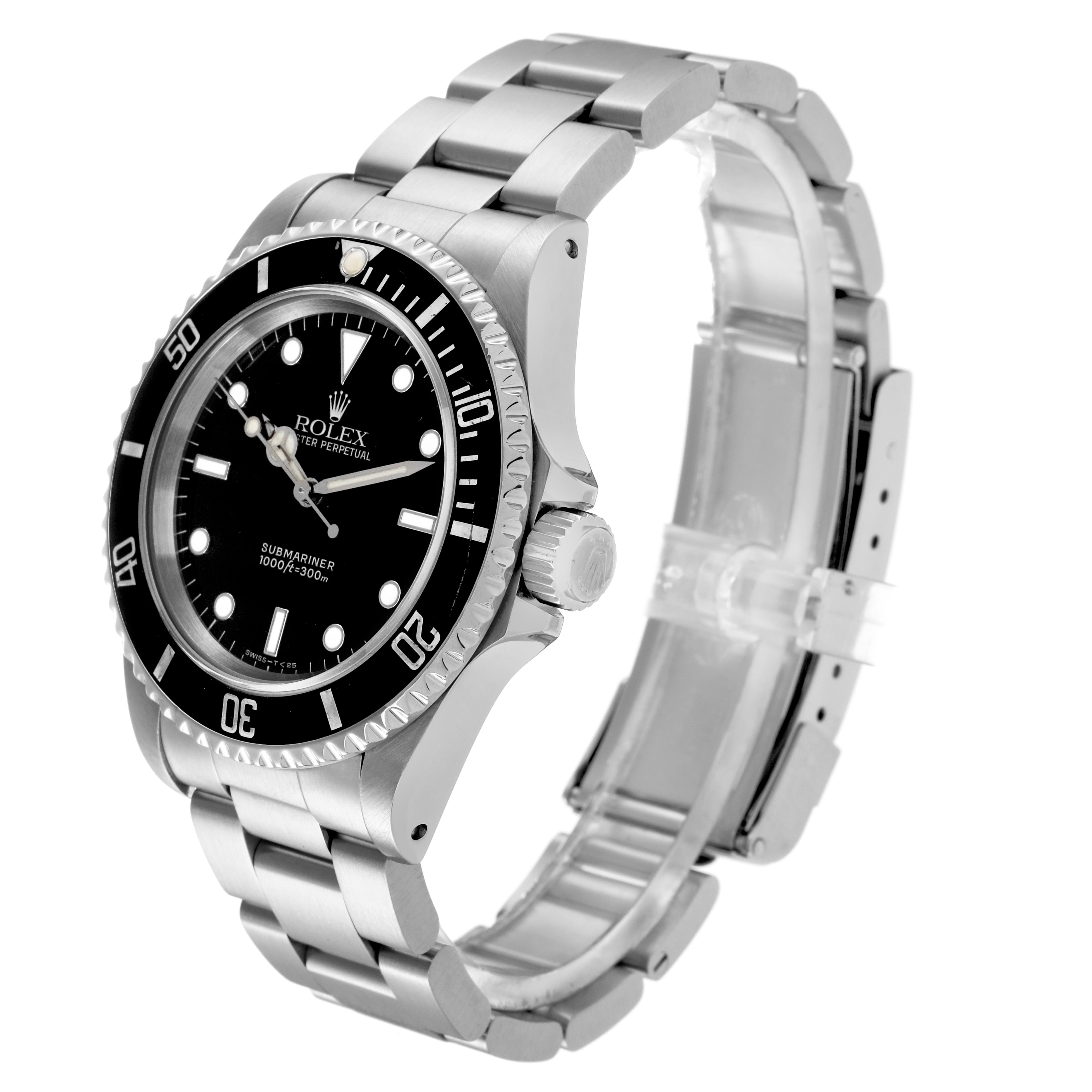 The Rolex Submariner 14060 Men's Stainless Steel Black Dial 14060 Men's Stainless Steel Black Dial watch is shown at a three-quarter angle, displaying the bezel, dial, case, crown, and bracelet.