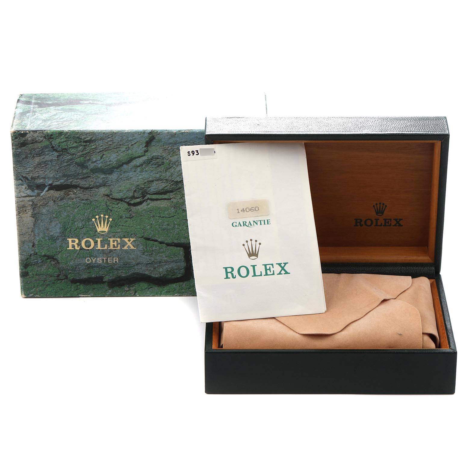 The image shows a Rolex Submariner 14060 Men's Stainless Steel Black Dial 14060 Men's Stainless Steel Black Dial packaging, including the outer box, wooden case, and warranty booklet.