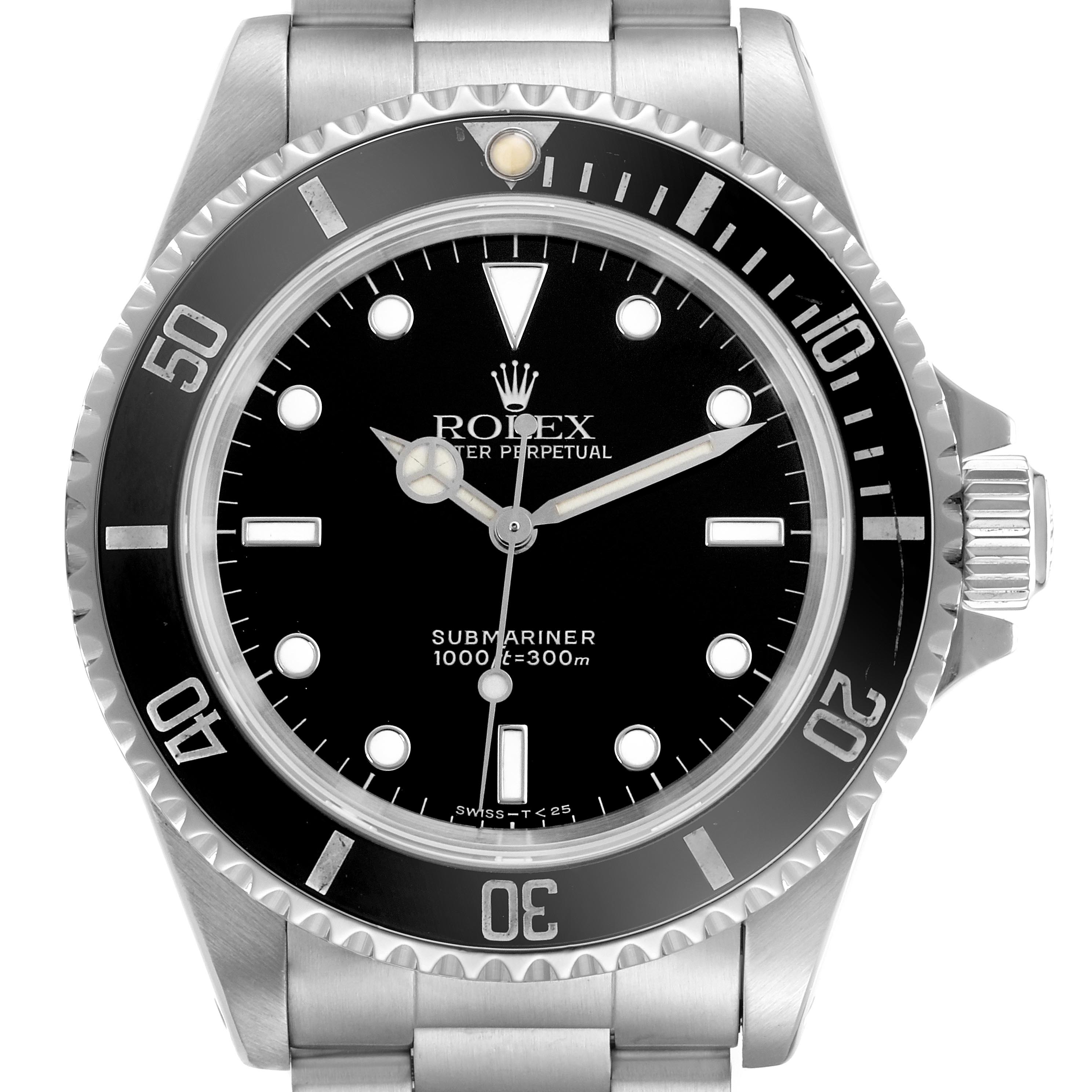 The Rolex Submariner 14060 Men's Stainless Steel Black Dial 14060 Men's Stainless Steel Black Dial is shown from the front, displaying the dial, bezel, and part of the bracelet.