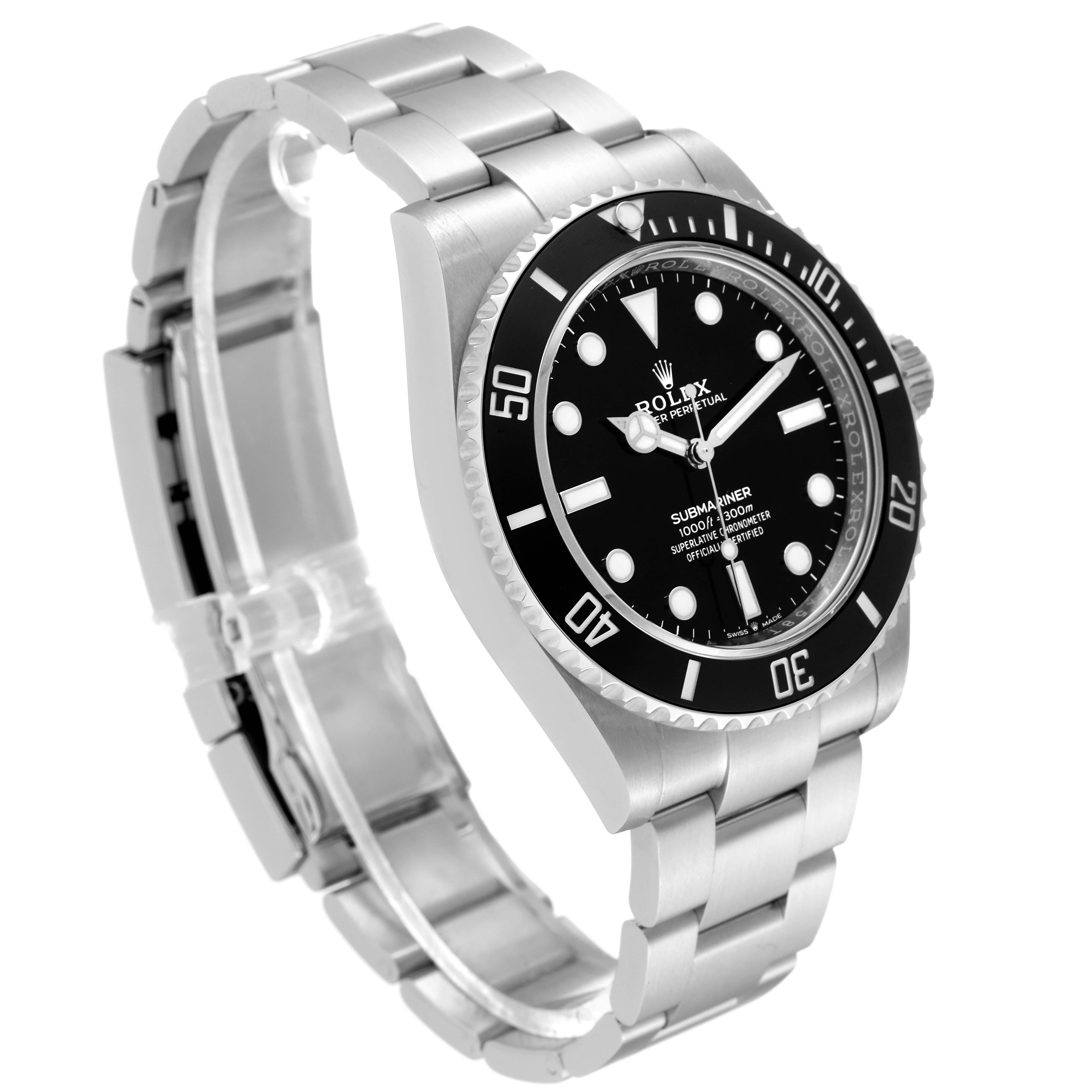 The image shows a Rolex Submariner 124060 Men's Stainless Steel Black Dial 124060 Men's Stainless Steel Black Dial watch at a slight angle, highlighting its black dial, bezel, and silver bracelet.