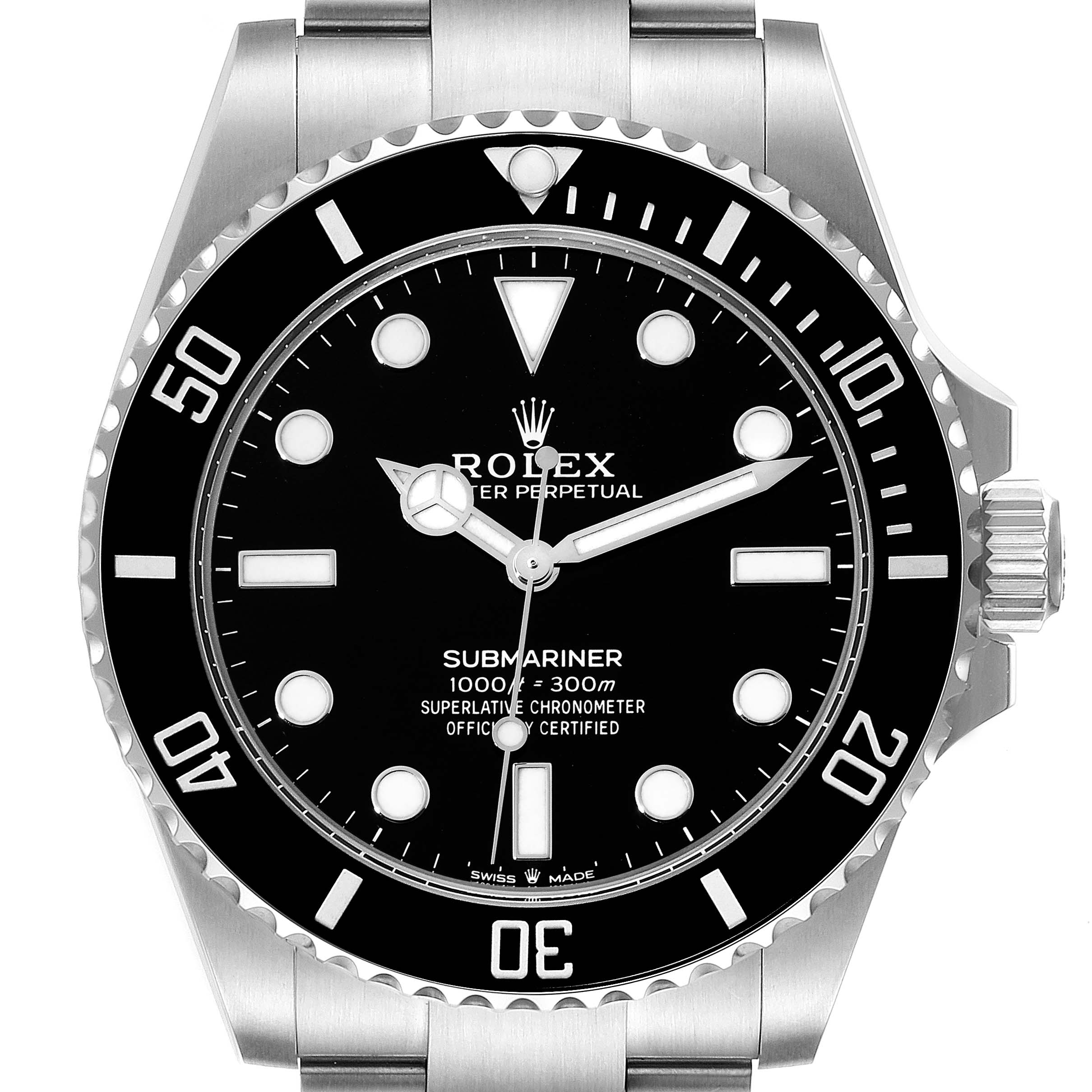 This image shows a close-up, front-facing view of the Rolex Submariner 124060 Men's Stainless Steel Black Dial 124060 Men's Stainless Steel Black Dial watch, featuring its dial, bezel, and a portion of the bracelet.