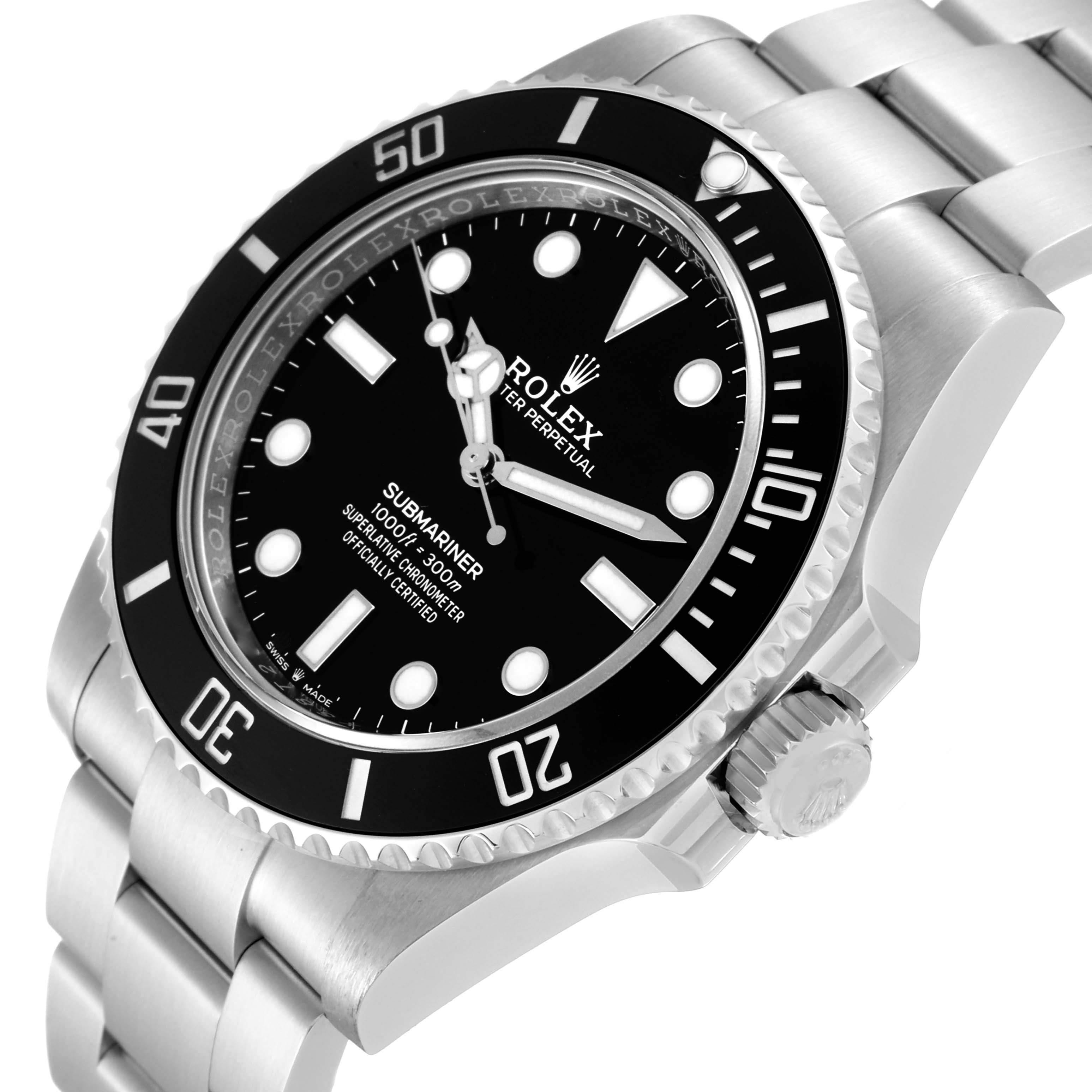This image shows a close-up angle of the Rolex Submariner 124060 Men's Stainless Steel Black Dial 124060 Men's Stainless Steel Black Dial watch, highlighting its dial, bezel, crown, and part of its bracelet.