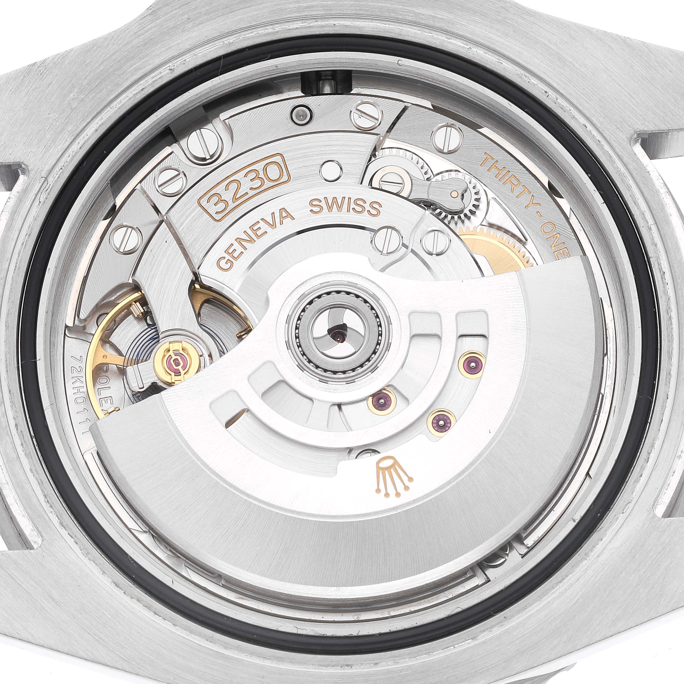 This image shows the intricate movement mechanism of a Rolex Submariner 124060 Men's Stainless Steel Black Dial 124060 Men's Stainless Steel Black Dial watch seen from the back.