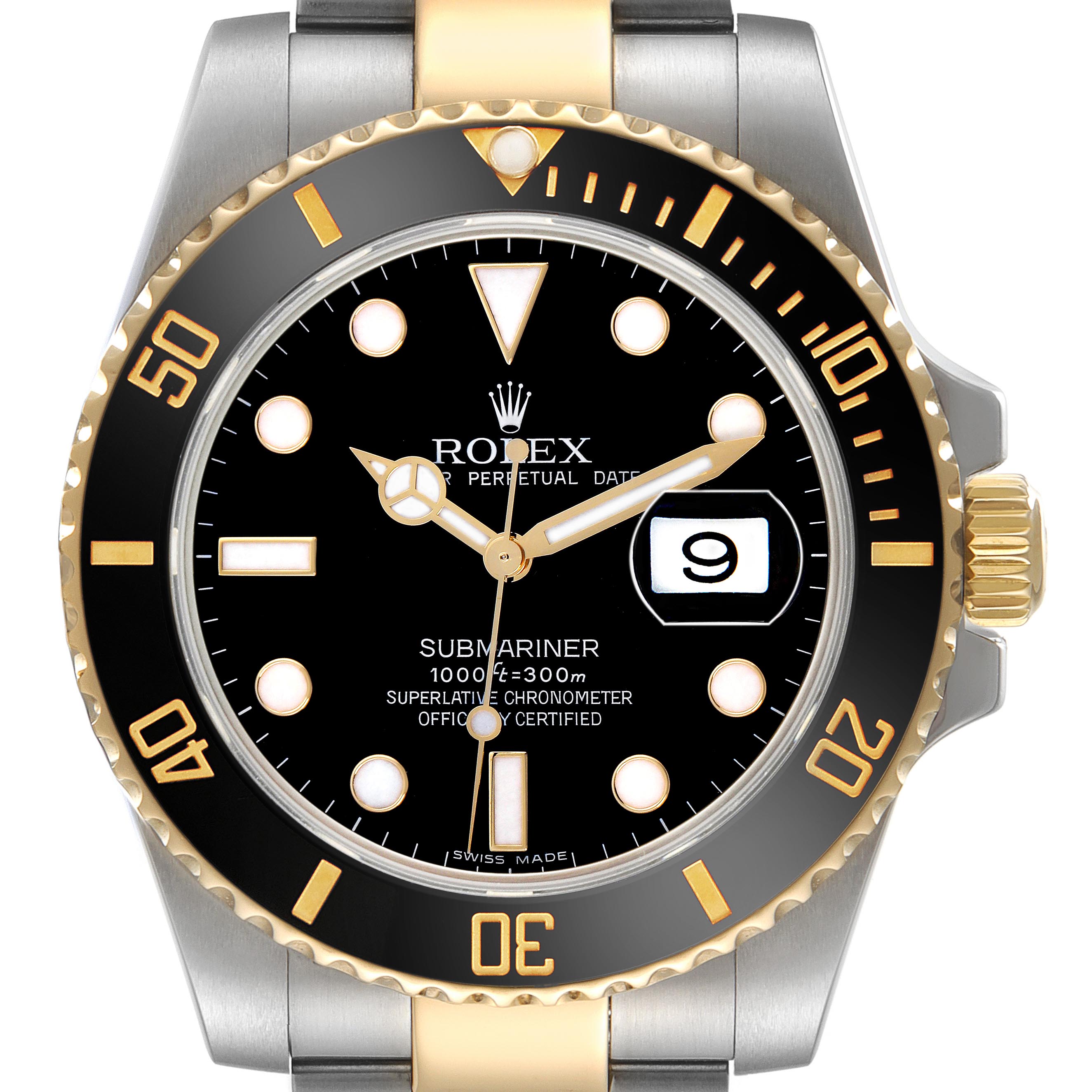 The Rolex Submariner 116613 Men's Steel and Gold (two tone) Black Dial 116613 Men's Steel and Gold (two tone) Black Dial watch is shown from the front, displaying the bezel, dial, hands, markers, and date window.
