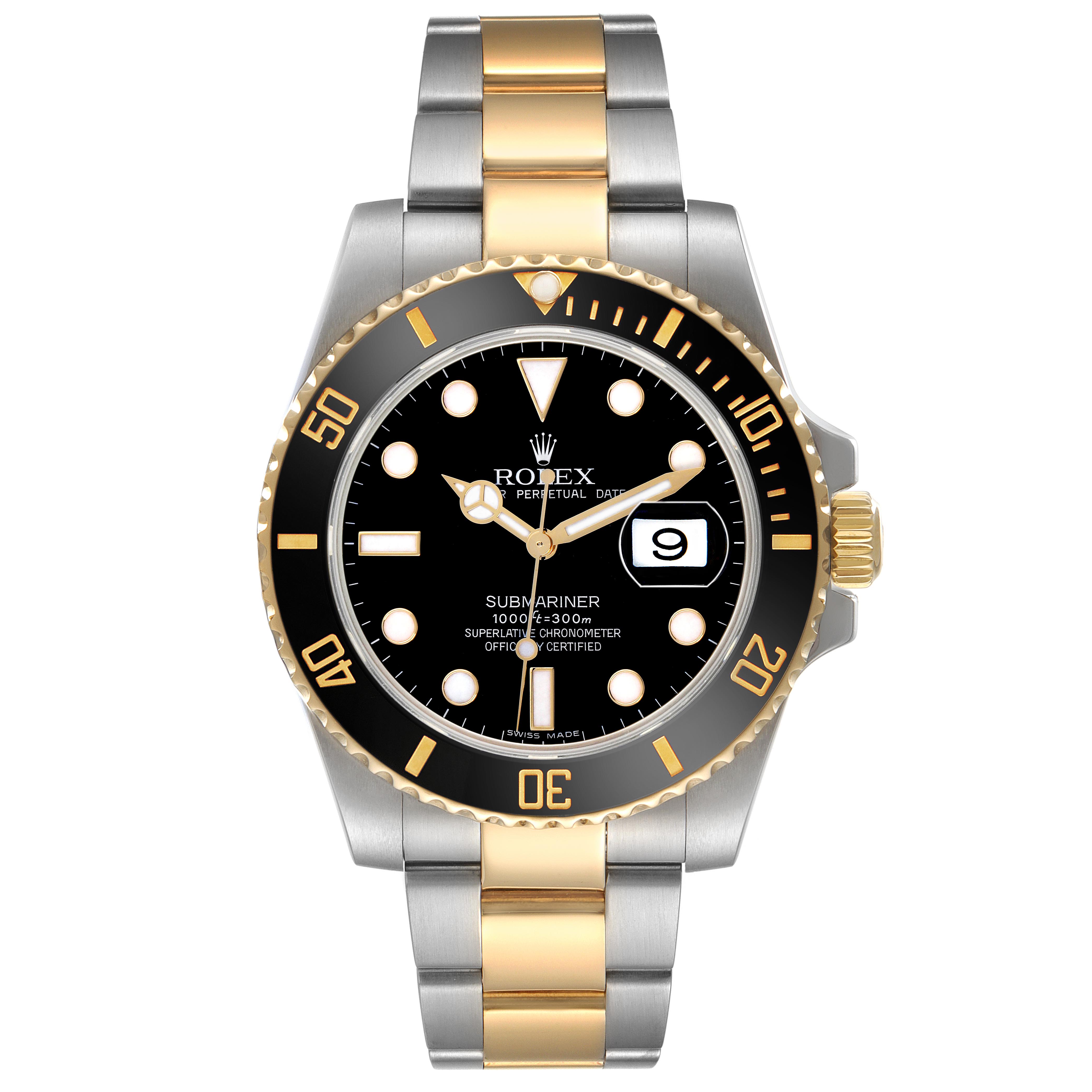 The Rolex Submariner 116613 Men's Steel and Gold (two tone) Black Dial 116613 Men's Steel and Gold (two tone) Black Dial watch is shown from the front, highlighting its dial, bezel, and two-tone bracelet.